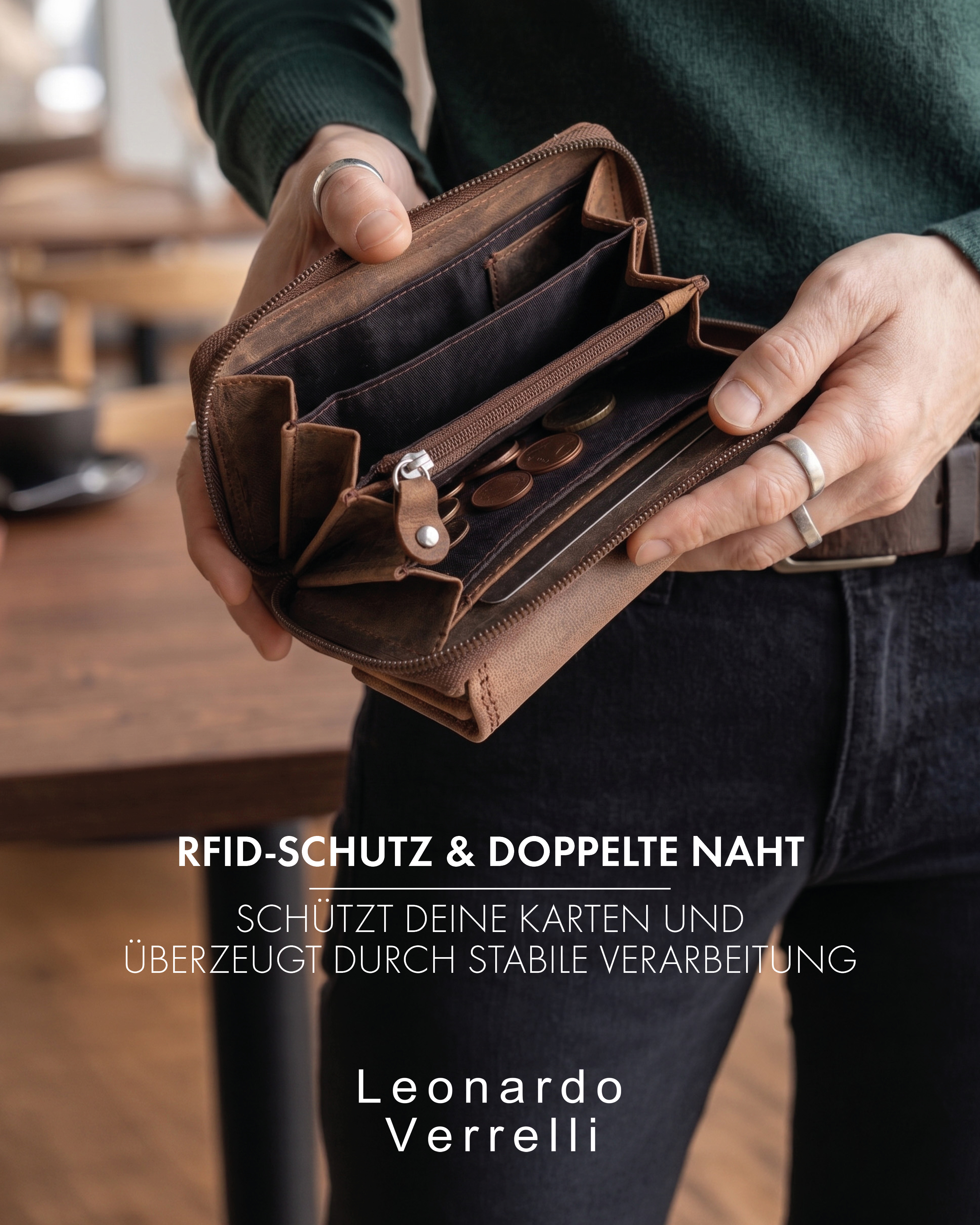 Leonardo Verrelli Echtleder (Hunter) Damen Geldbörse, Querformat, RFID, braun
