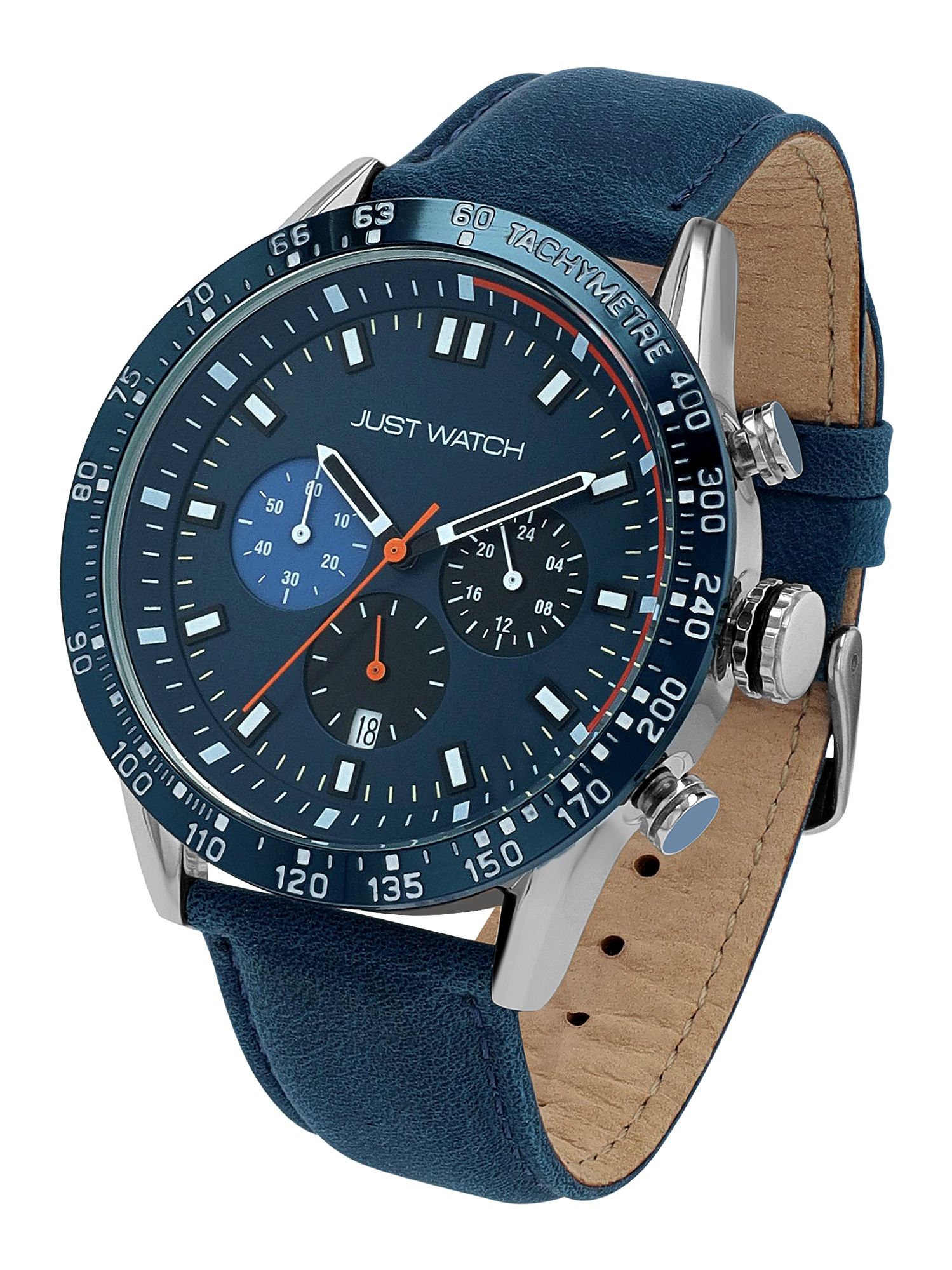 Just Watch Herrenchronograph mit Lederarmband, 5 ATM, blau