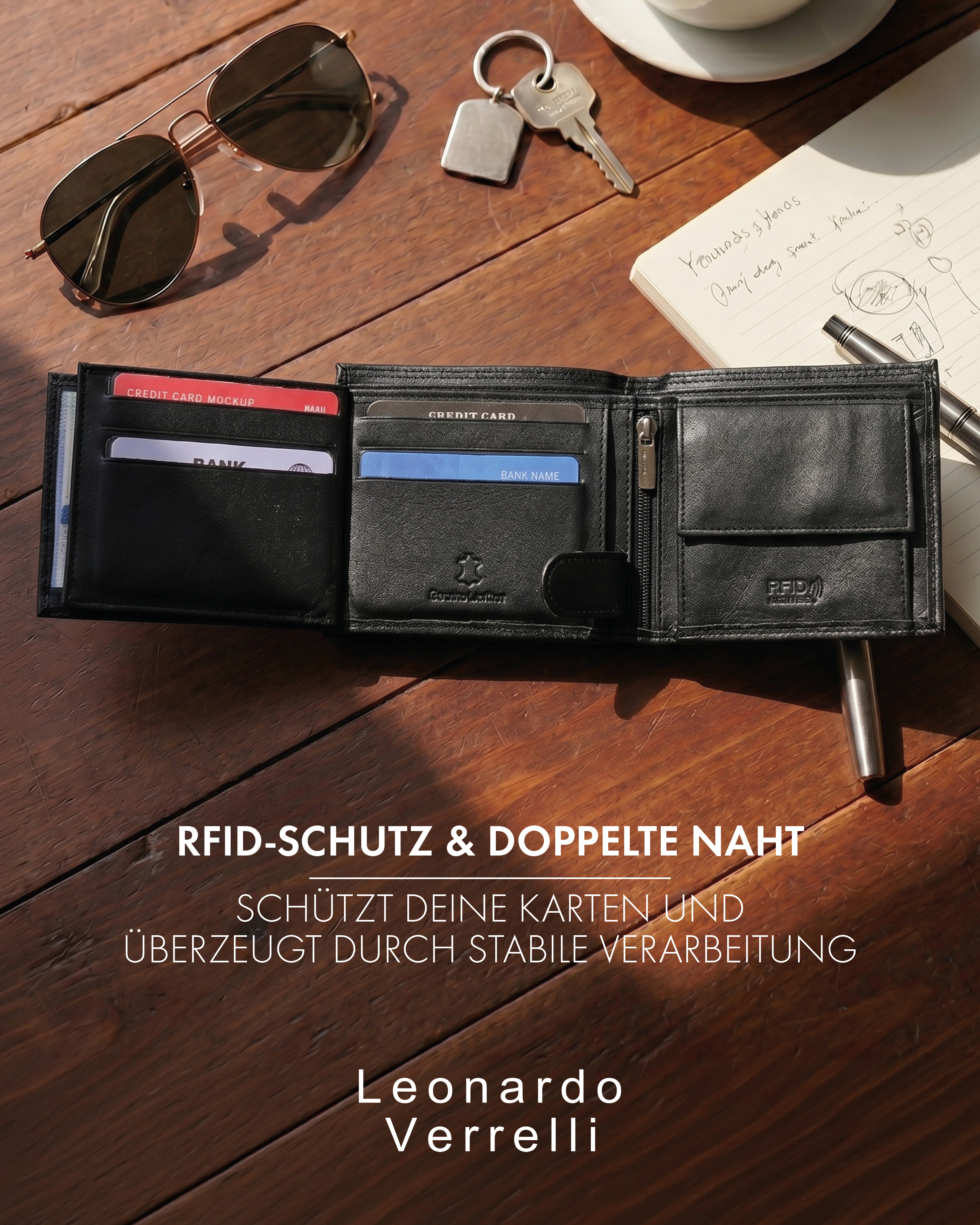 Leonardo Verrelli Echtleder (Nappa) Geldbörse, RFID, Querformat, schwarz
