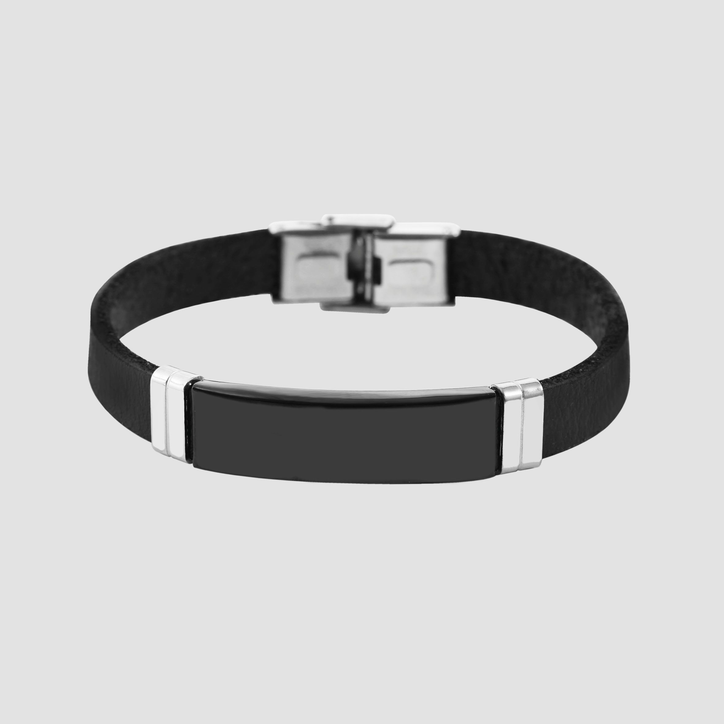Akzent Echtlederarmband mit Edelstahlgravurplatte, schwarz