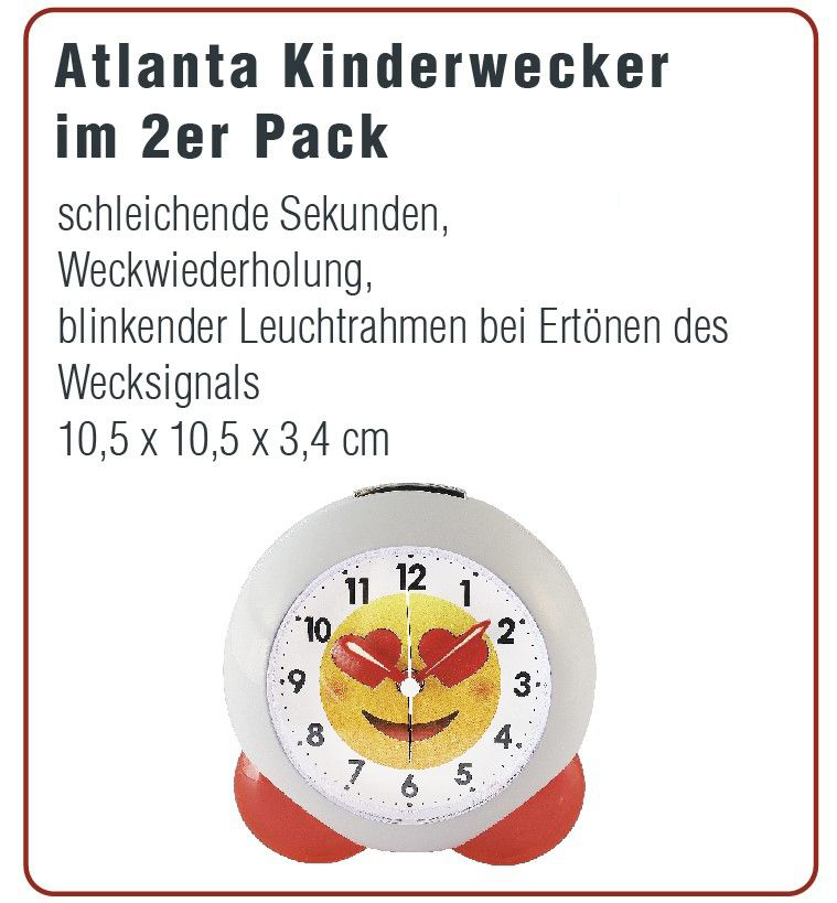 Kinderwecker, 2 Stück Quartz, schleichende Sekunde, Weckwiederholung, blinkender Leuchtrahmen bei Ertönen des Wecksignals