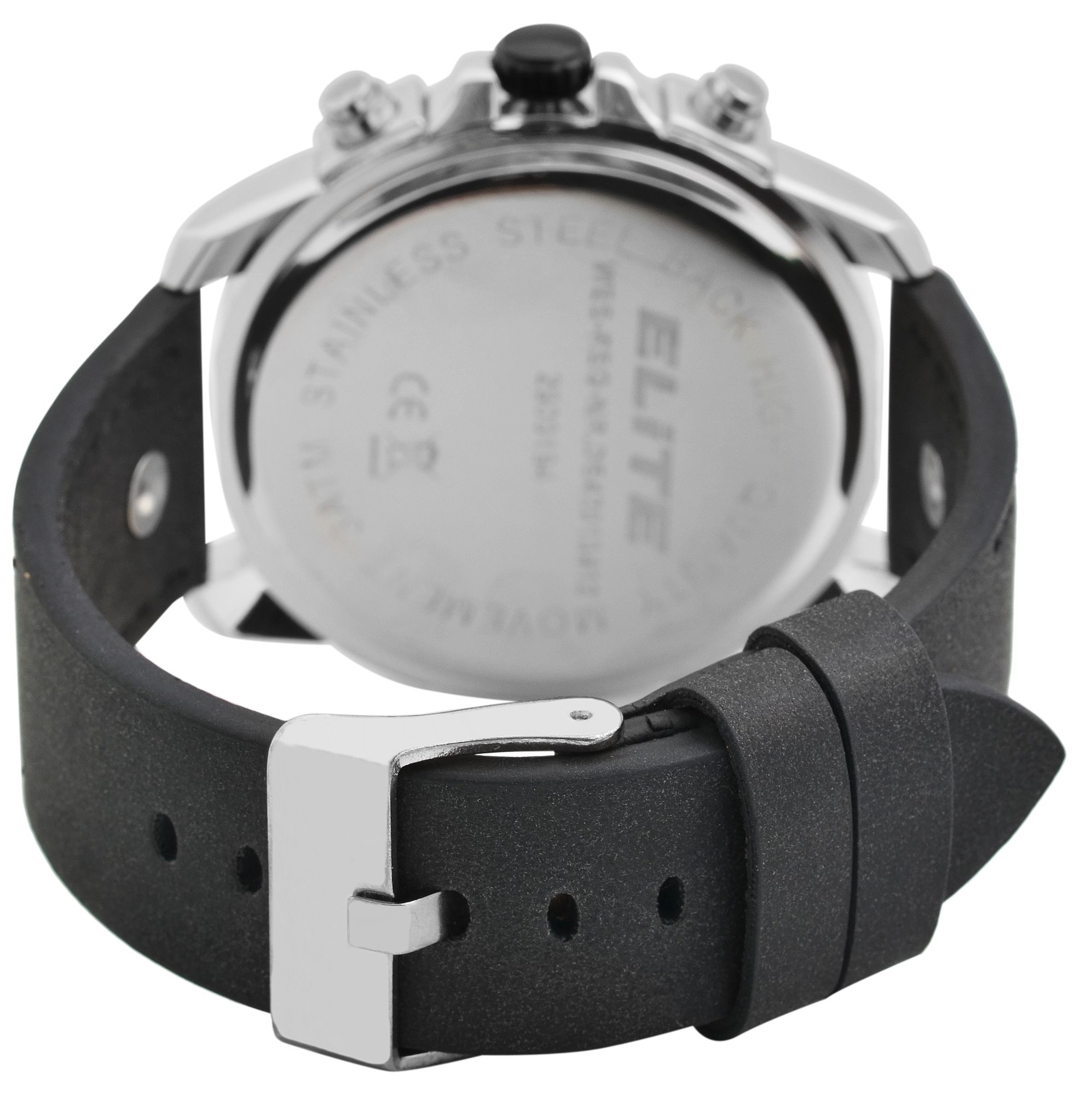 Elite Herren Chronograph mit Lederimitationsband, 3ATM, Schwarz/ silberfarbig