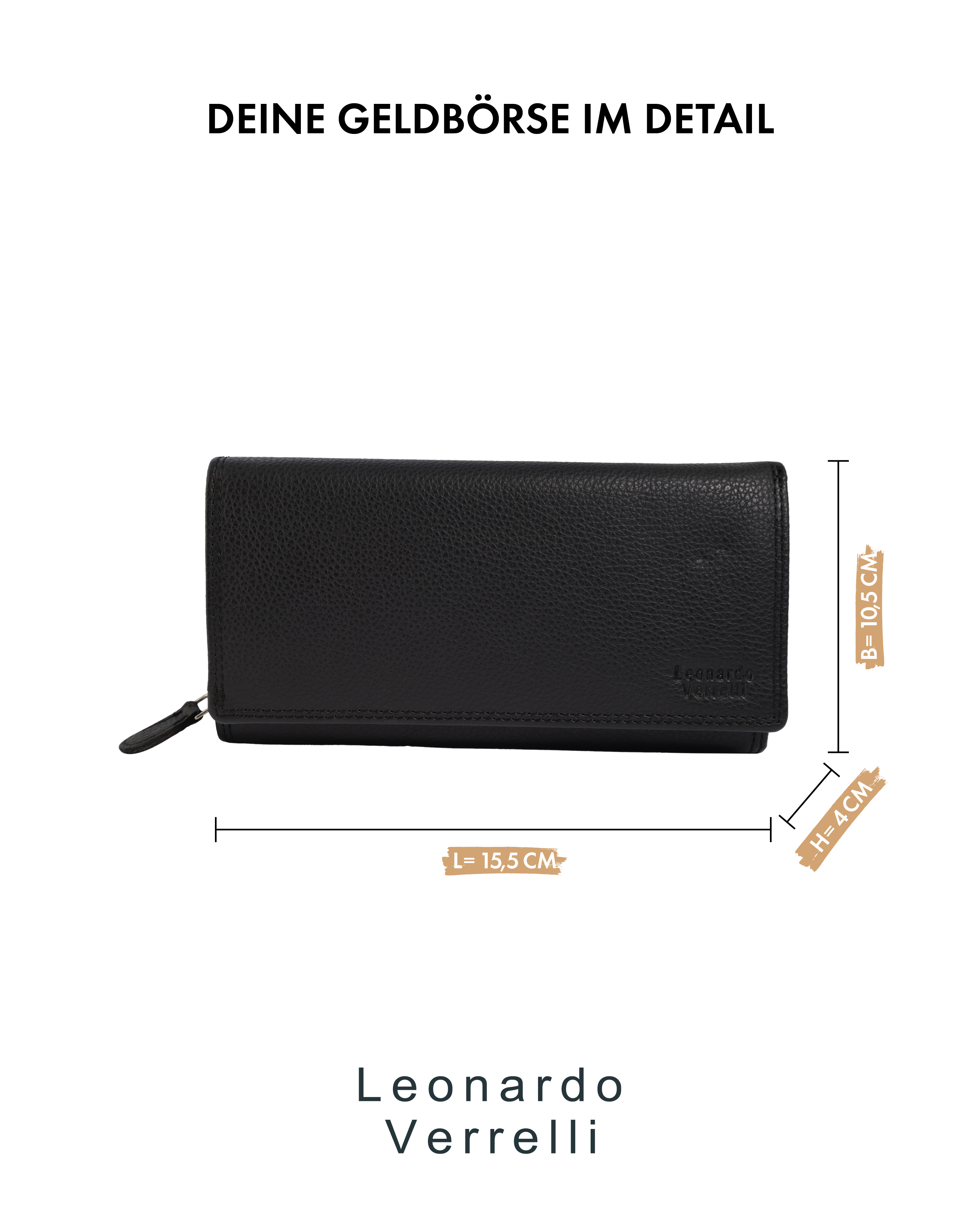 Leonardo Verrelli Damen Geldbörse, Echtleder (Nappa), RFID, Querformat, schwarz