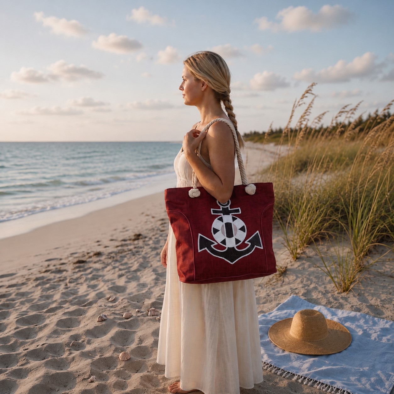 Strandtasche aus Nylon, Ankermotiv aus Pailletten, rot