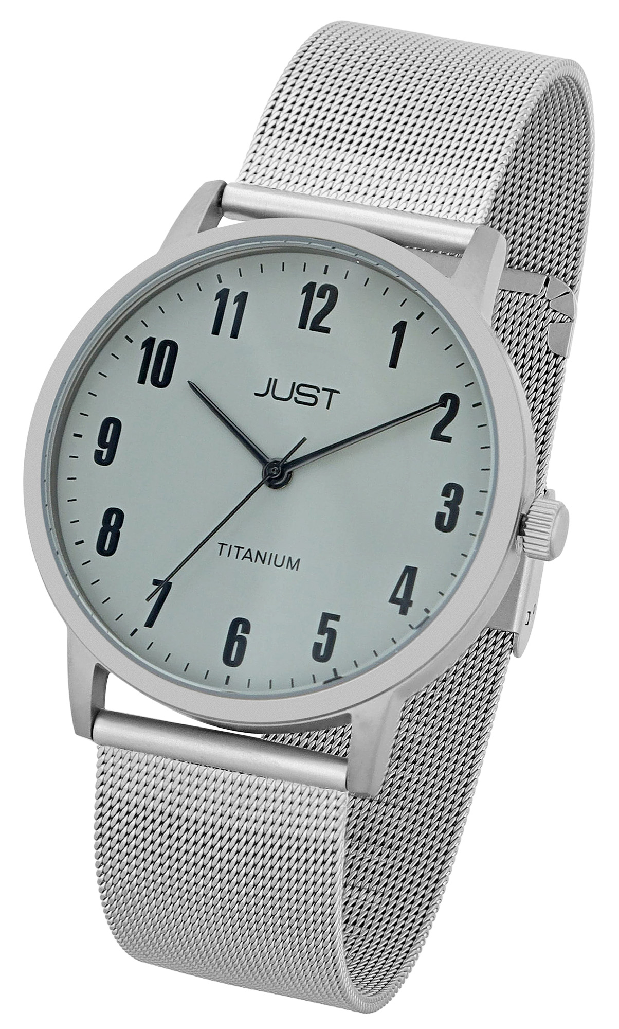 Just Titan Herrenuhr mit Edelstahl-Milanaisearmband, 5 ATM, graues ZB/schwarze Ziffern