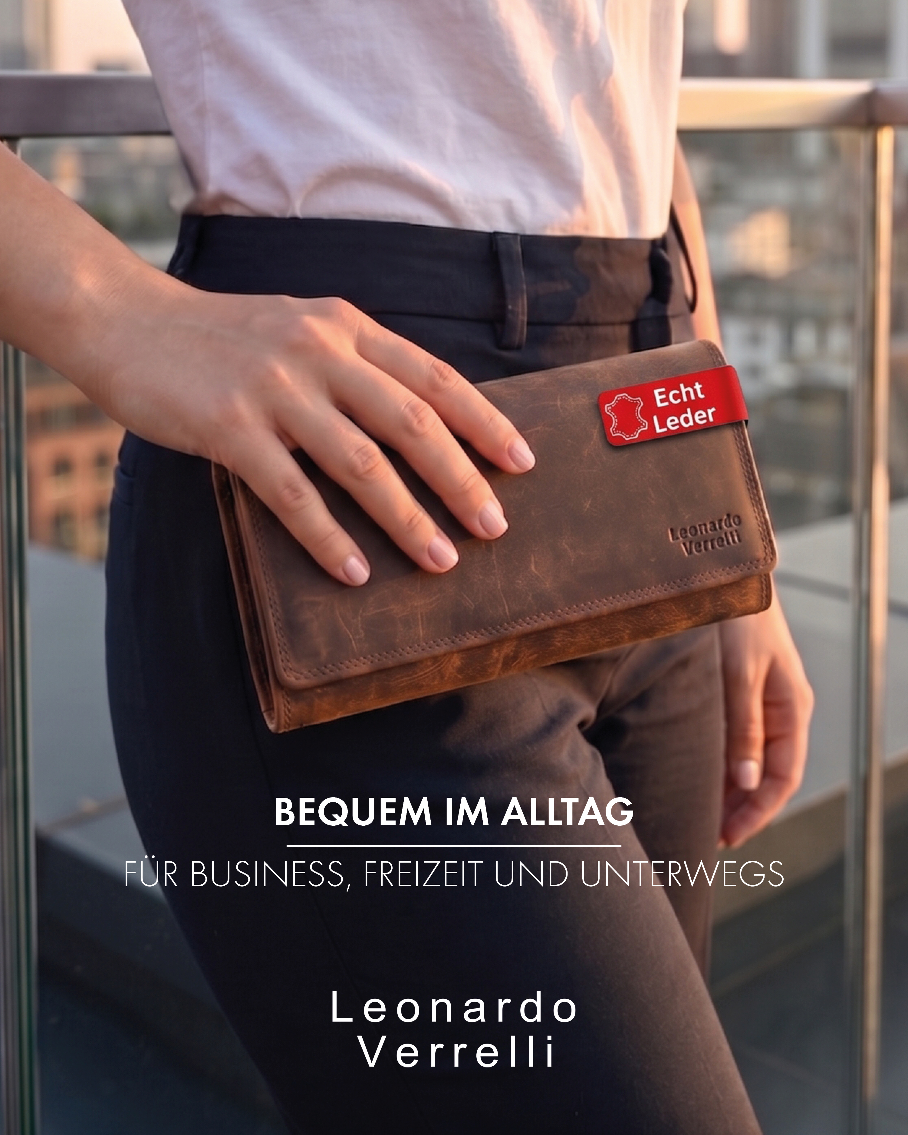 Leonardo Verrelli Echtleder (Hunter) Damen Geldbörse, Querformat, RFID, dunkelbraun