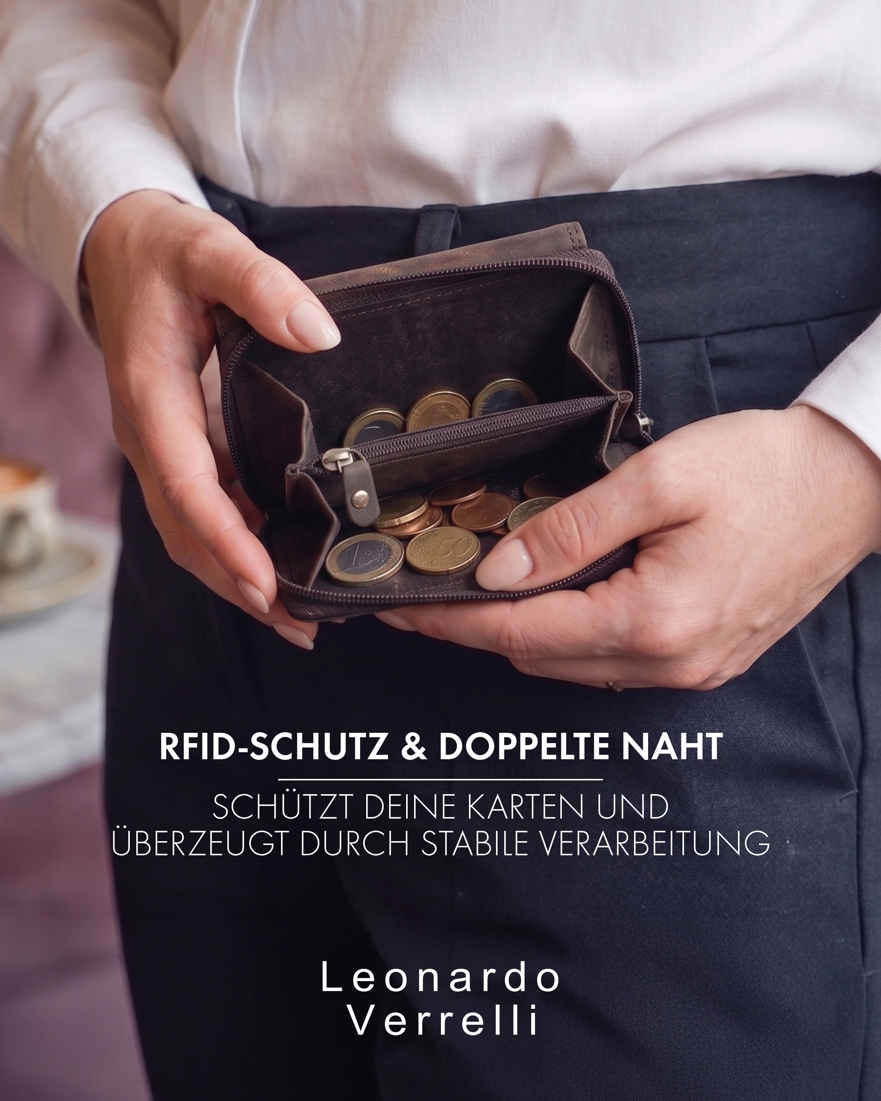Leonardo Verrelli Echtleder (Hunter) Damen Geldbörse, Querformat, RFID, braun