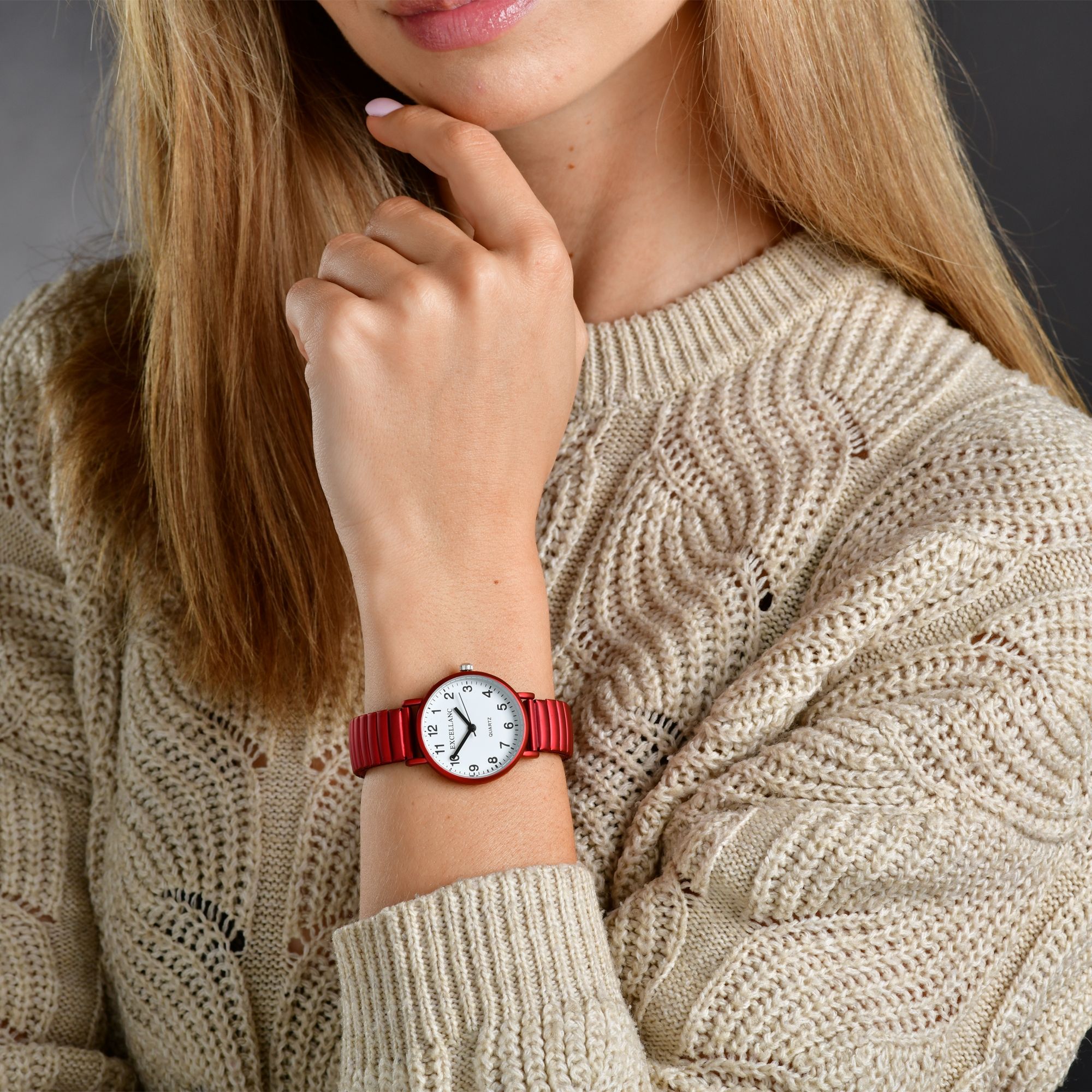 Excellanc Damenuhr mit Zugarmband, metallic, rot