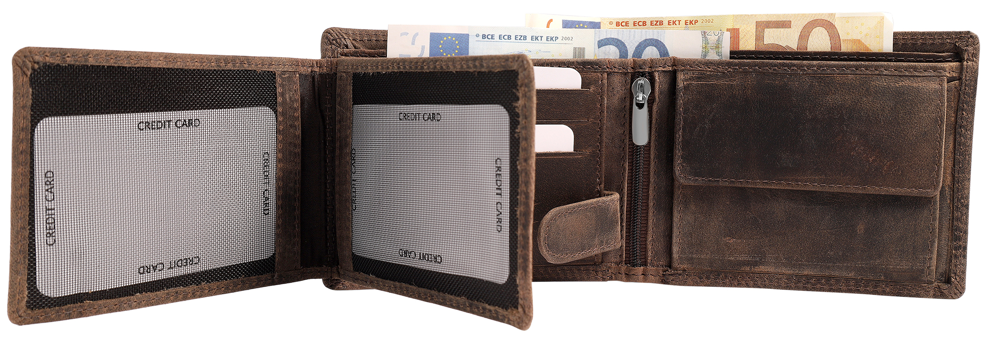 Akzent Echt Leder (Hunter-Leder) Geldbörse, RFID, Querformat, "Totenkopf", braun