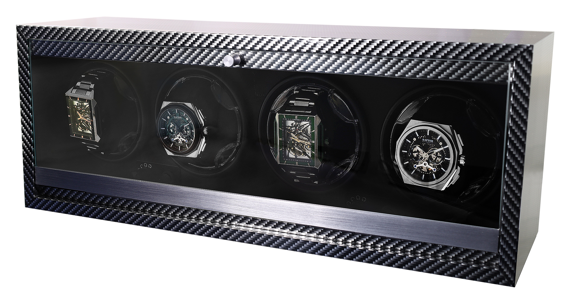 Automatischer Uhrenbeweger für 4 Uhren, LED, USB-DC (Carbonoptik)