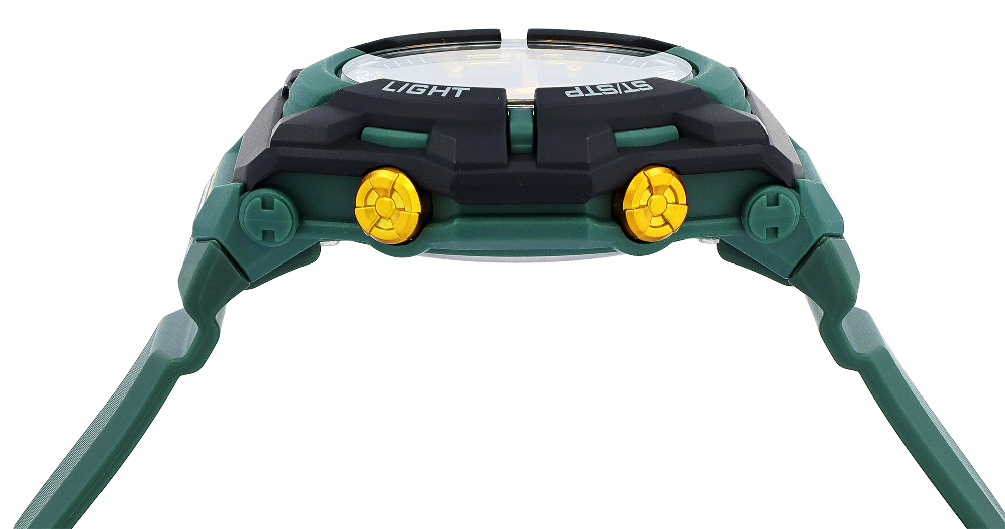 Q&Q Digitaluhr für Herren Ø 50 mm, Resinband, dunkelgrün (gelbe Details)