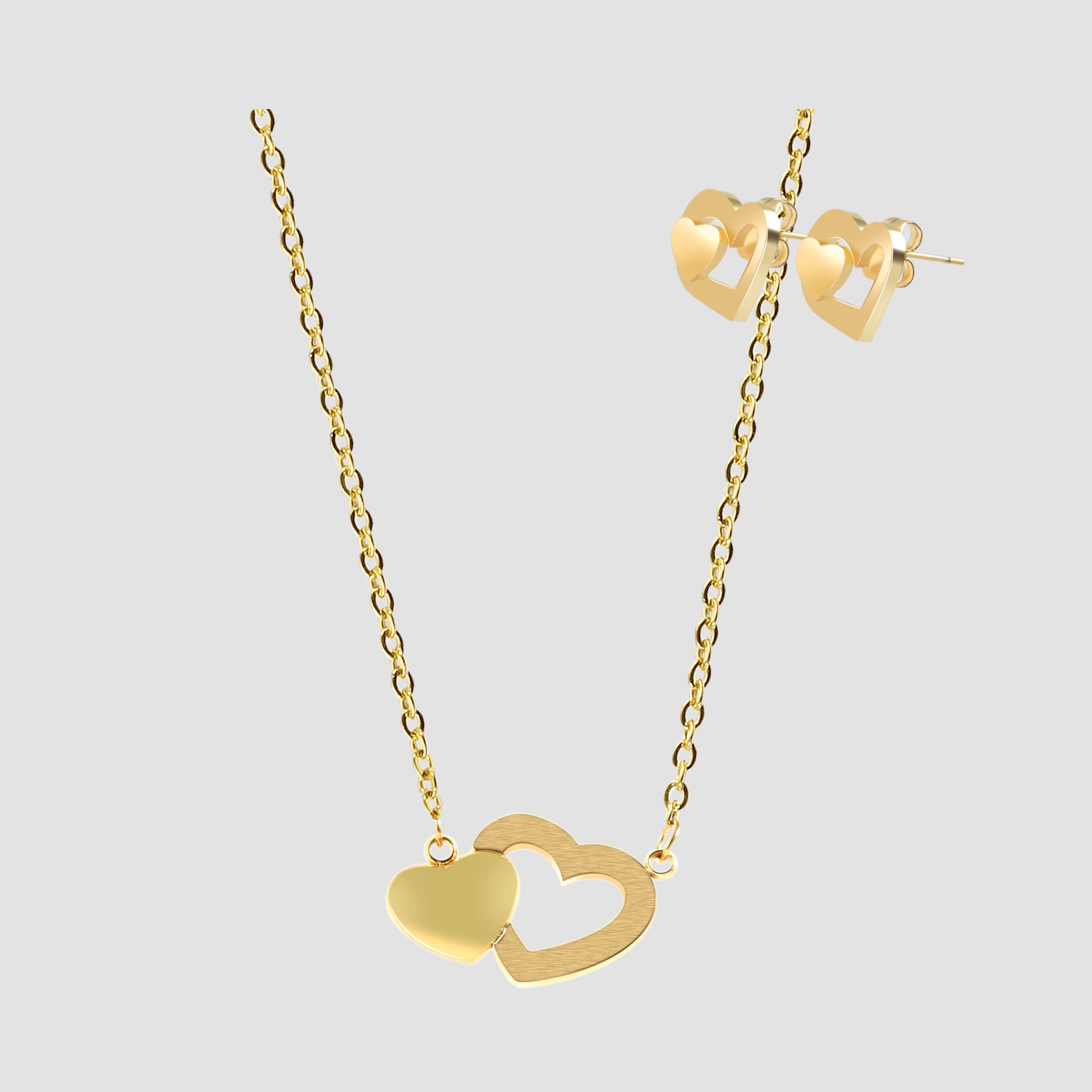 Akzent Schmuckset mit Kette und Ohrstecker, Edelstahl, Herz, goldfarben