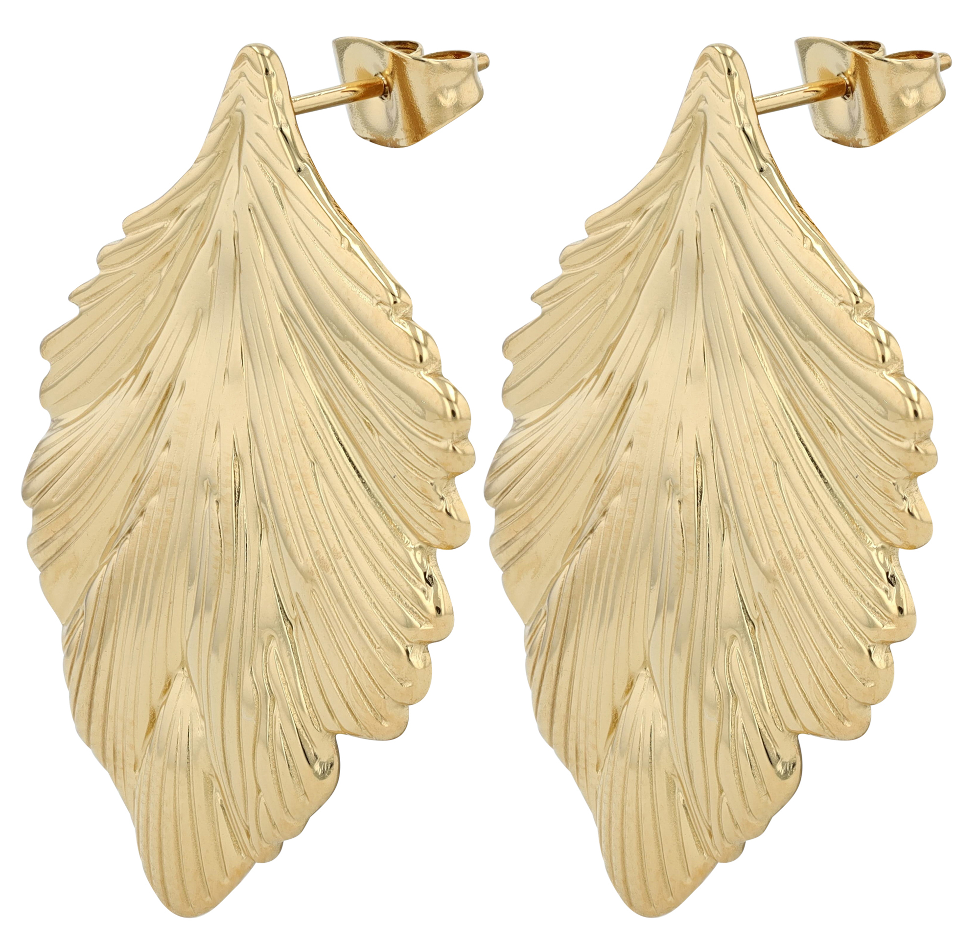 "Judi" Edelstahlohrringe, Blatt, Statement, goldfarben