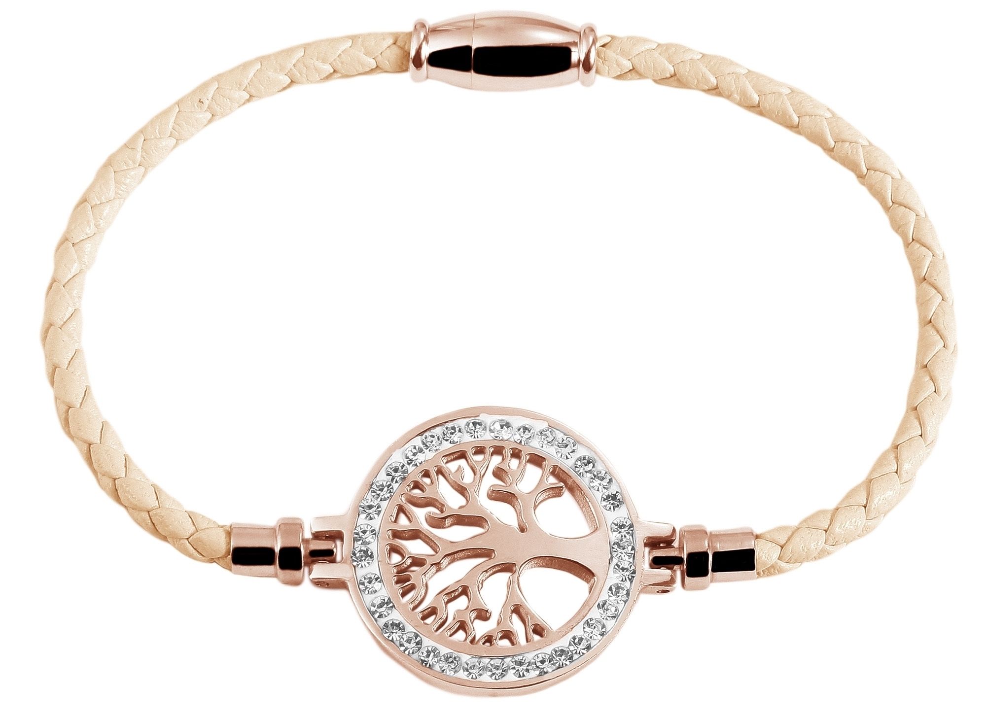 Akzent Armband aus Lederimitat, geflochten mit Edelstahlelement Lebensbaum, beige/roségoldfarben