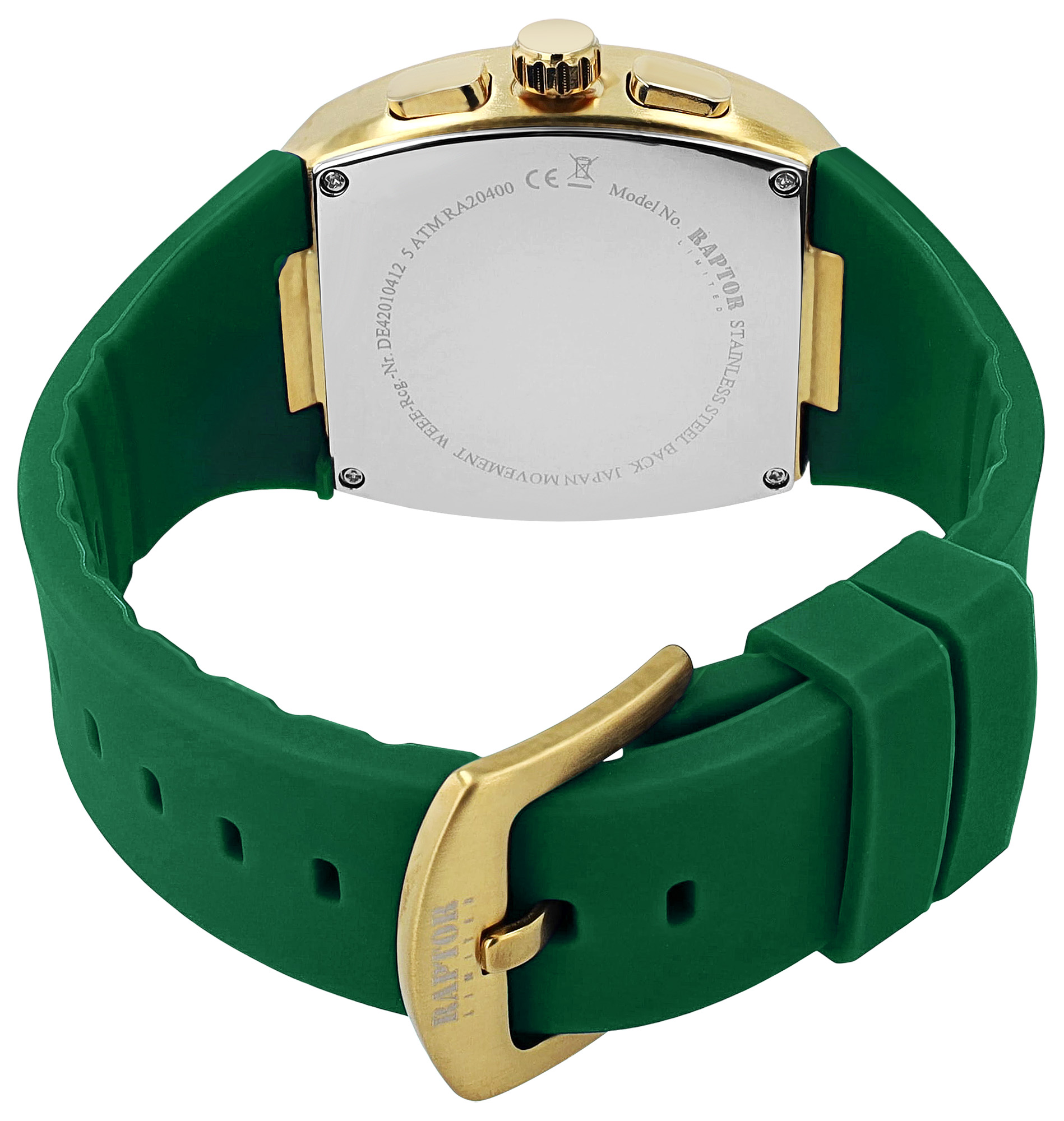 Raptor Limited Herrenuhr "Aldriel", Silikonarmband, Chronograph, grün/ goldfarben