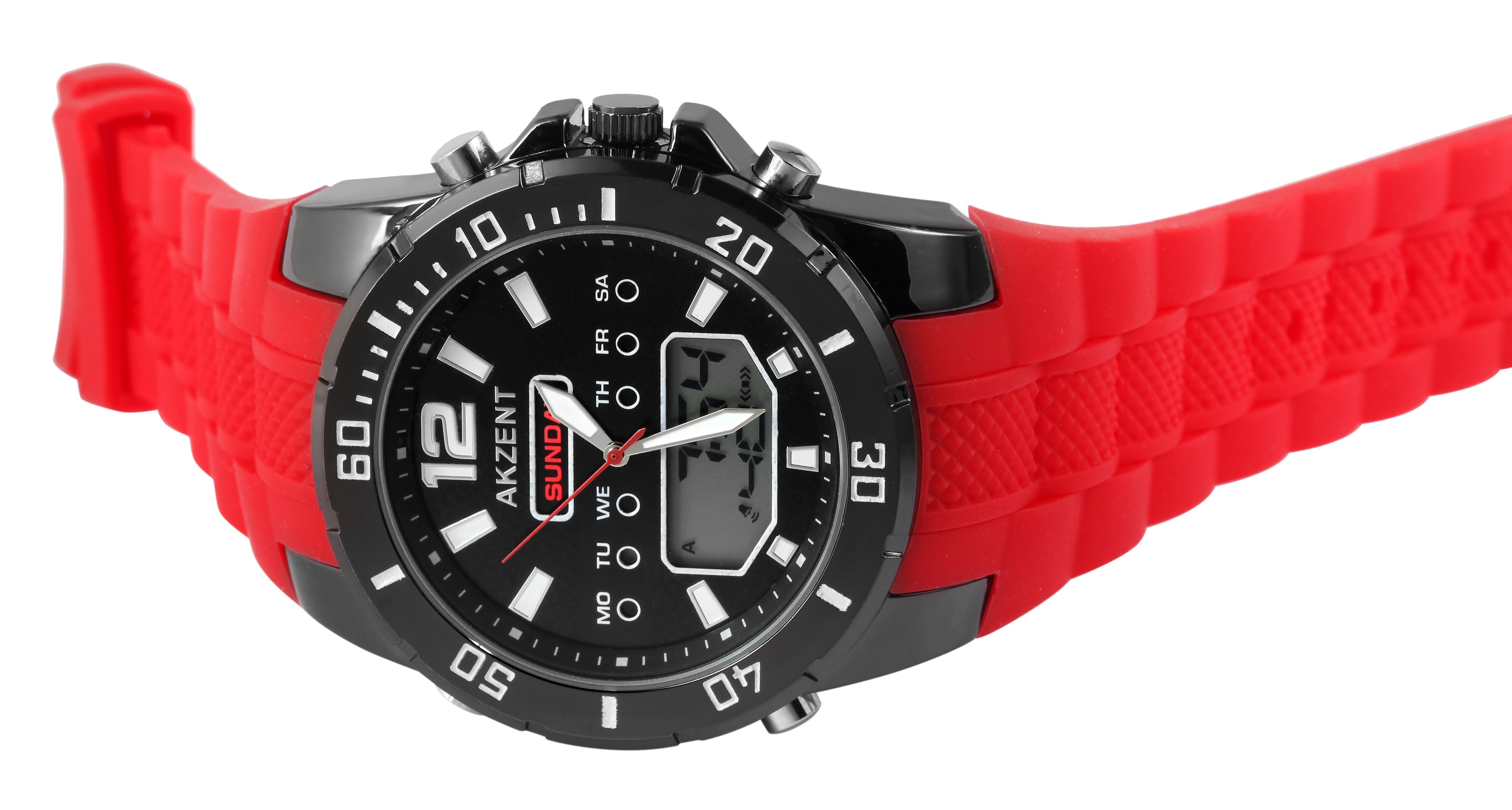 Akzent Analog-Digital Herrenuhr mit Silikonarmband, rot