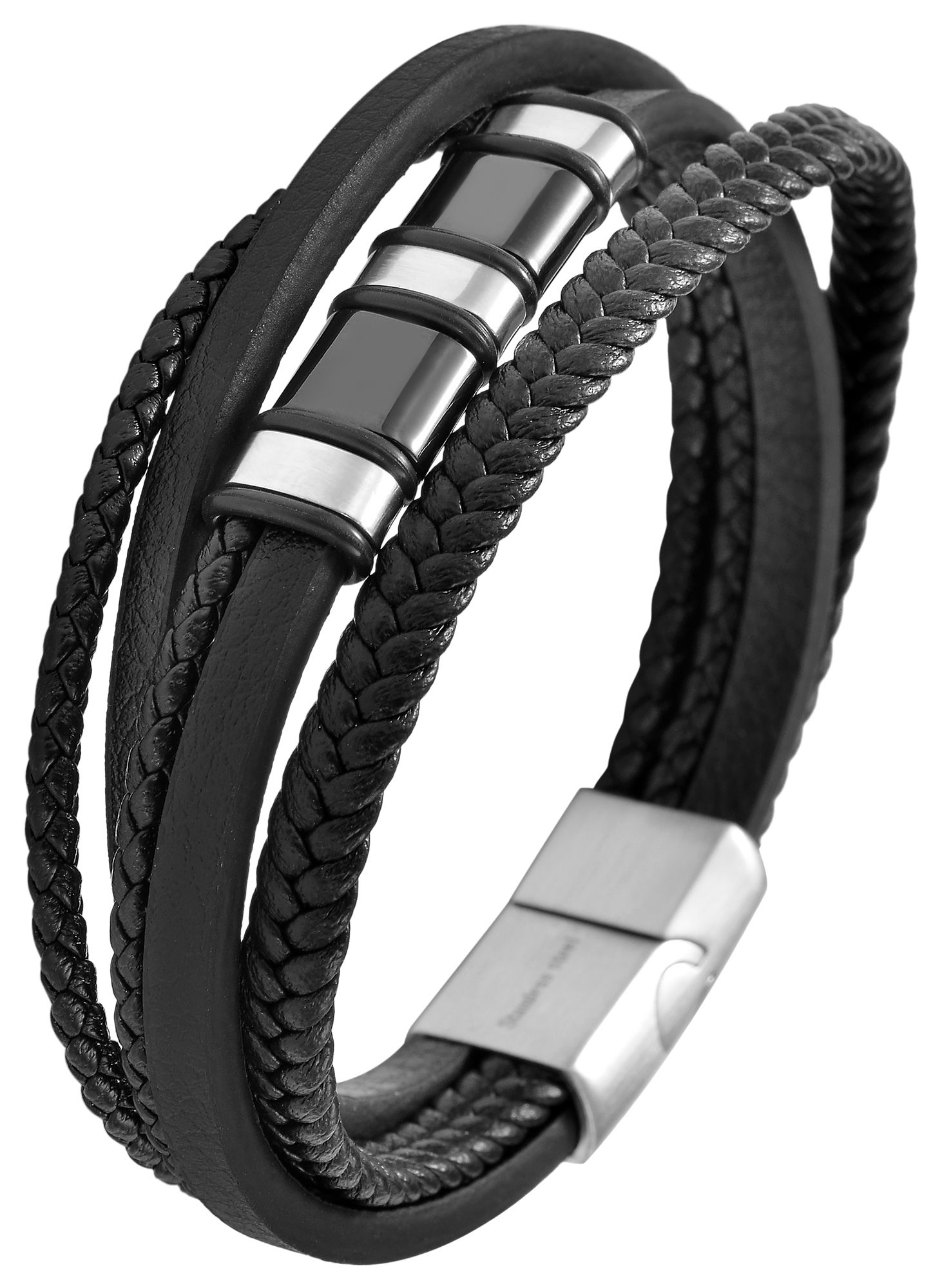 "Ansor", Akzent Armband, Lederimitat & Edelstahl, schwarz/silberfarben, 21 cm