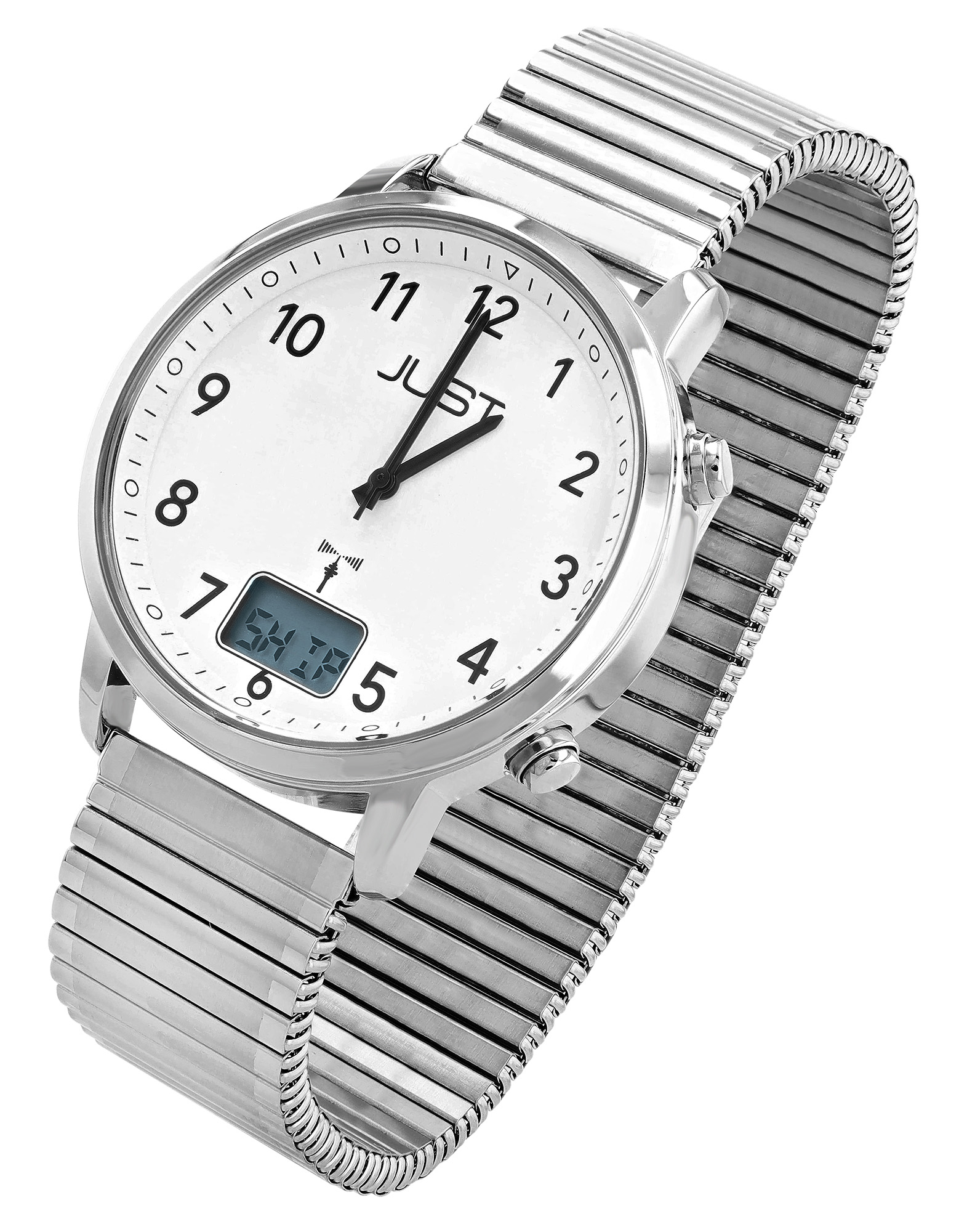 JUST Herren-Funkuhr "Vita Visio" Ø 40 mm (weißes Zifferblatt & Arabische Ziffern), Edelstahl-Zugband