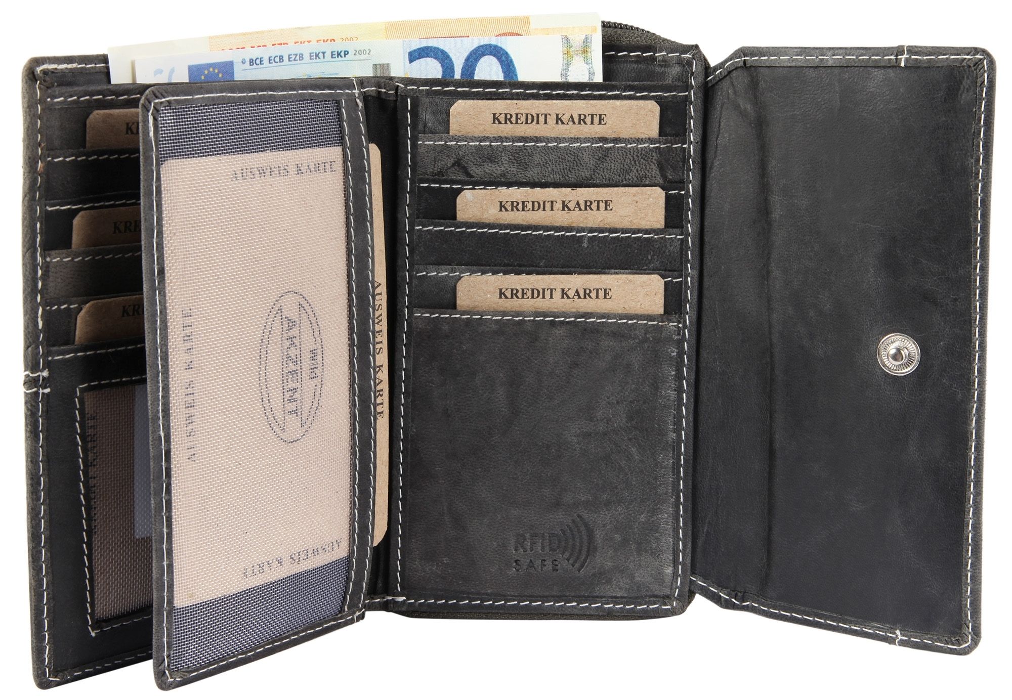 Akzent Damen Geldbörse aus Echtleder. Format 15 x 10 cm. RFID - grau