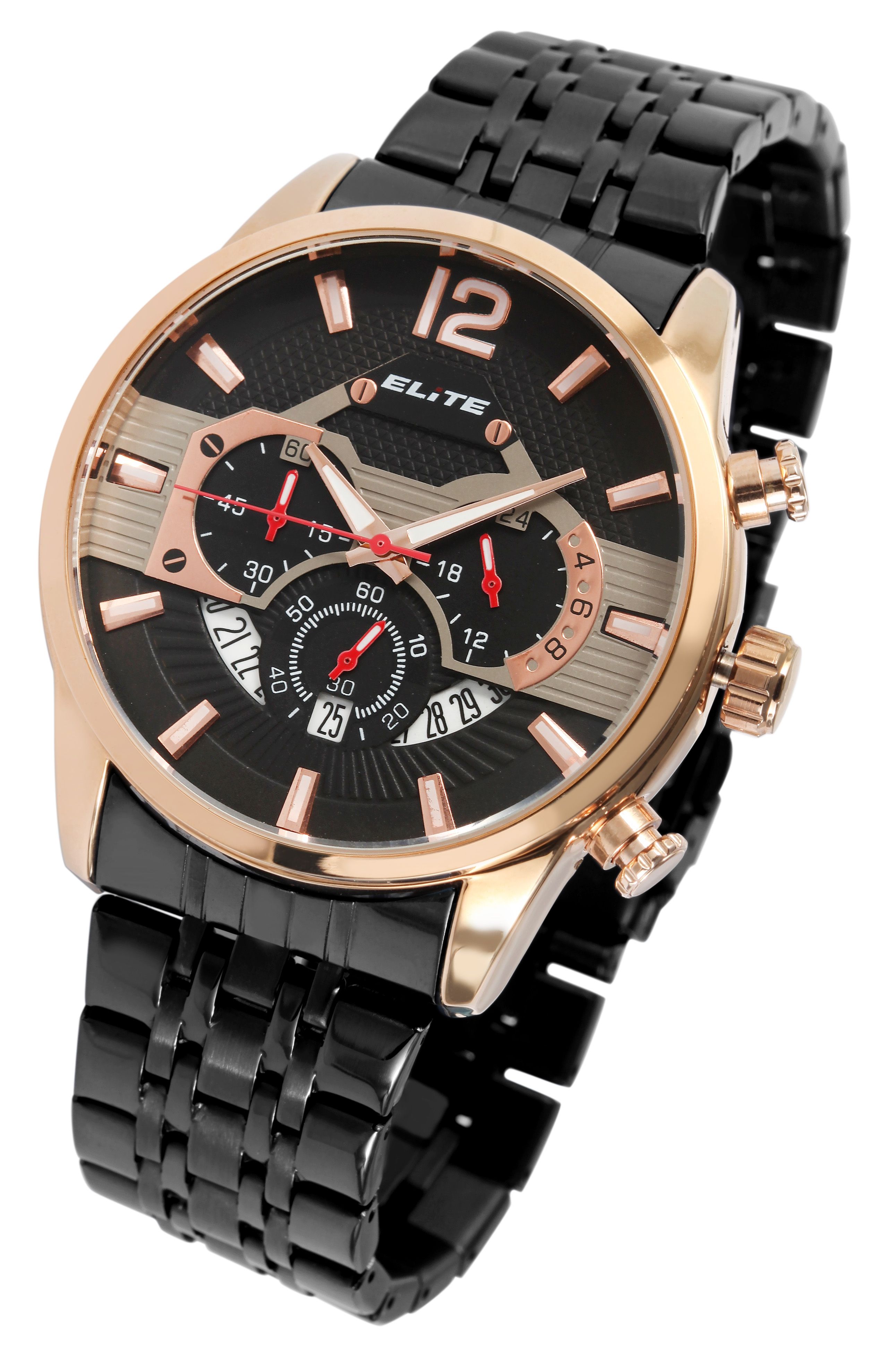 ELITE Herrenchronograph mit Edelstahlarmband, schwarz/roségoldfarben