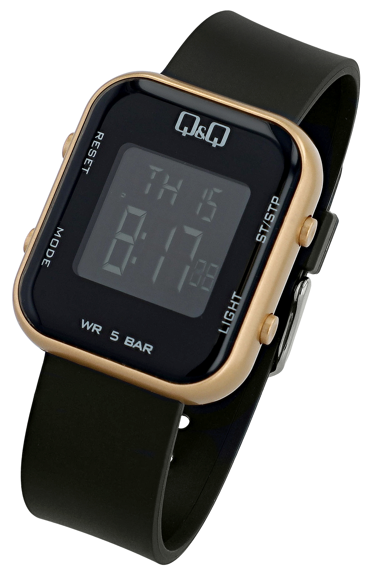 Q&Q Unisex Digitaluhr, Kunststoff, Resinband, schwarz/goldfarben, 5 ATM, 40 x 34 mm