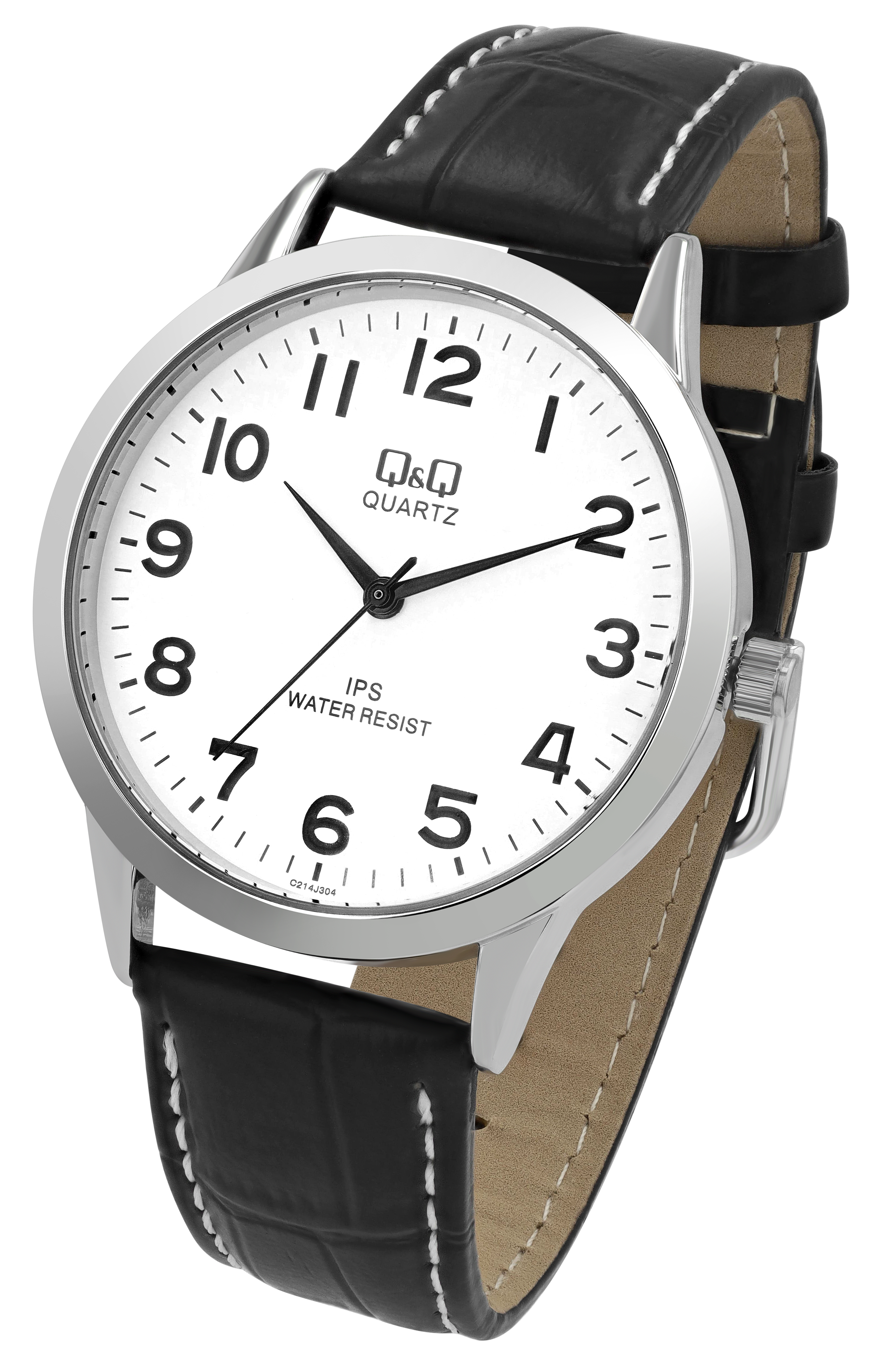 Q&Q Herrenuhr mit Lederimitationsarmband, Ø 40 mm, schwarz/ silberfarben/ weiß