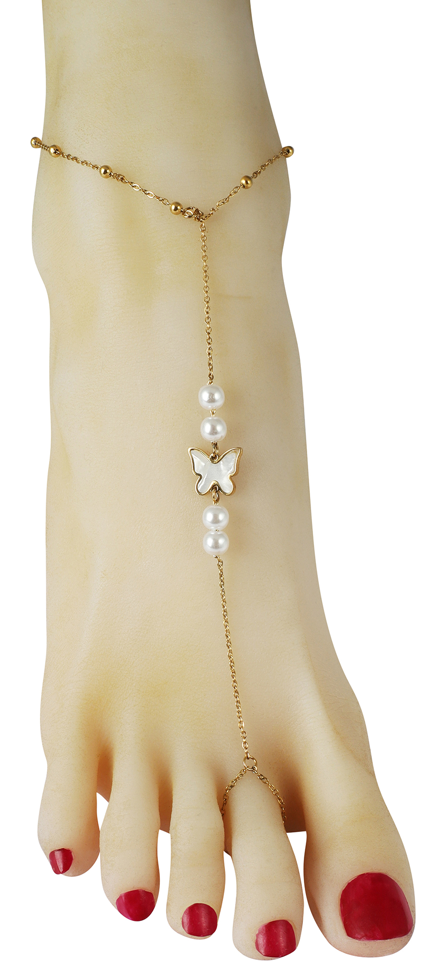 "Daisy" Fußkette mit Zehenring, Schmetterling und Perlen, goldfarben, 21 + 5 cm