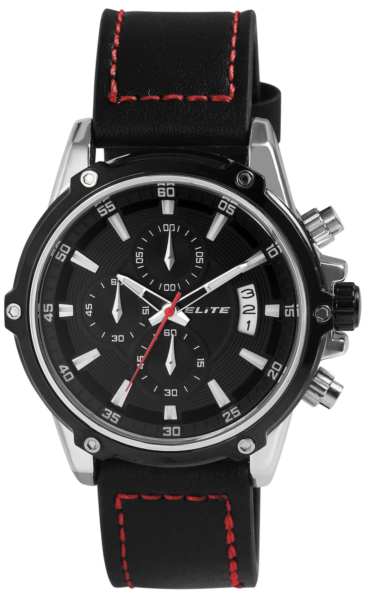 ELITE Herrenchronograph mit Echtlederband, schwarz/rot