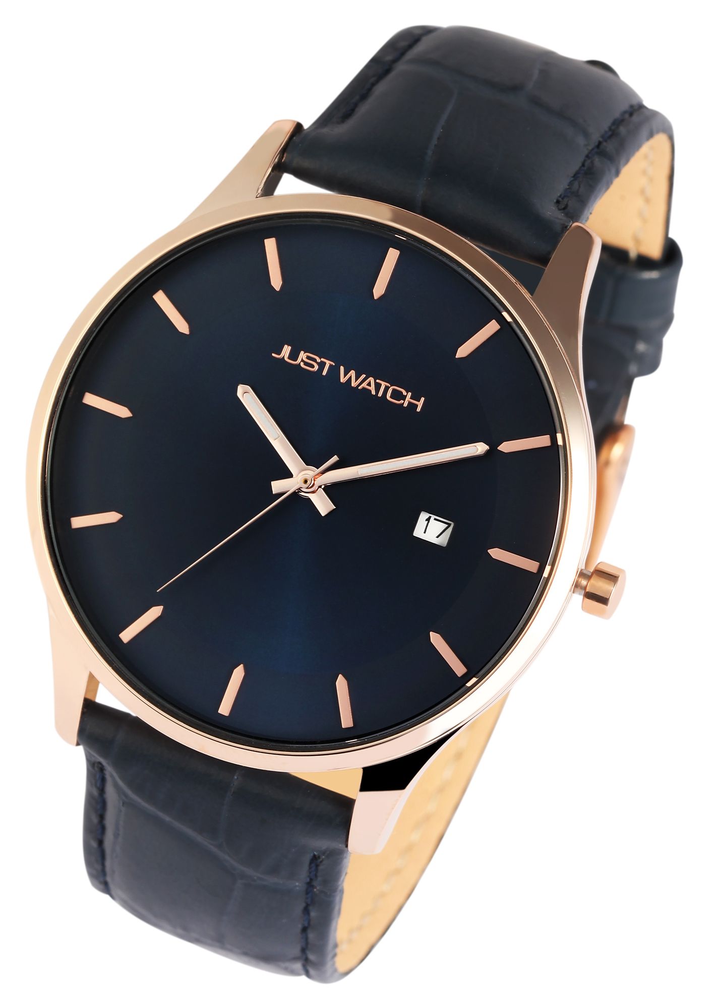 Just Watch Herrenuhr mit Echtlederarmband, Datumsanzeige, blau/roségoldfarben