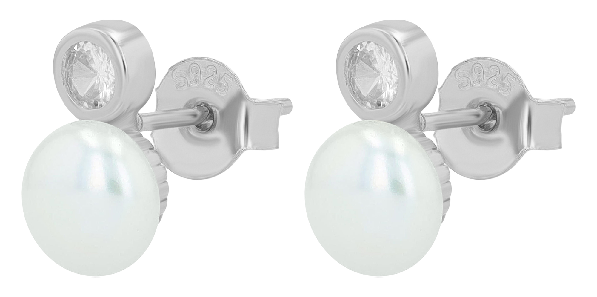 "Arbi" 925/- Echt Silber Ohrstecker, echte Süßwasserperle Ø 6 mm, Zirkonia, rhodiniert