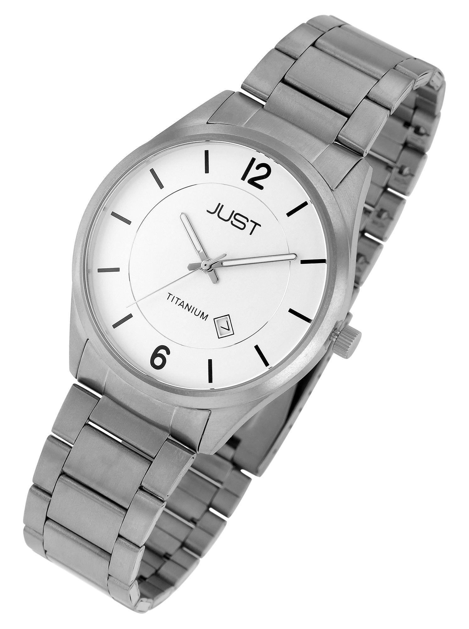 Just Herrenuhr mit Gliederarmband, Titan, 5 ATM, weißes ZB