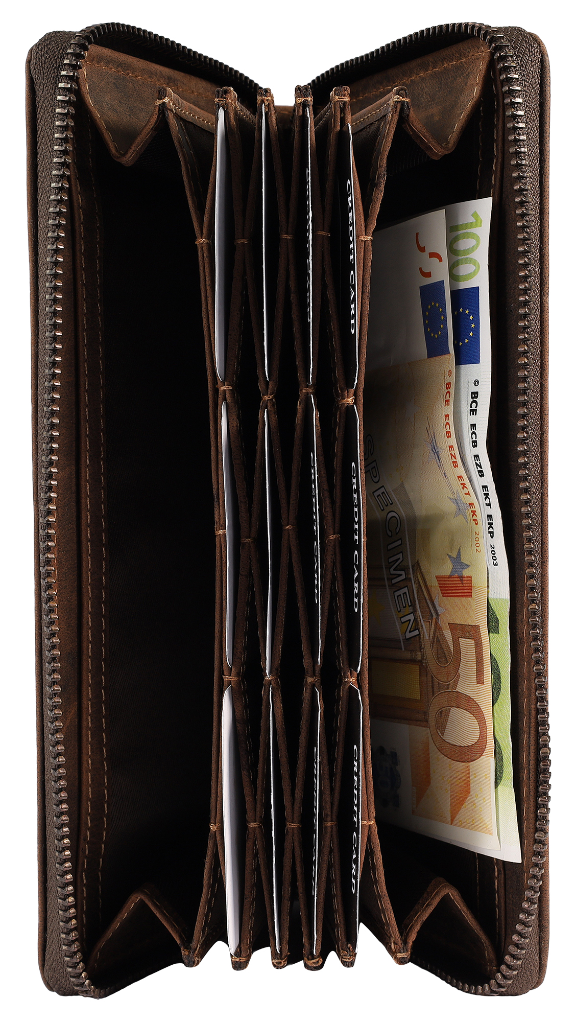 Leonardo Verrelli, Echt Leder (Vintage) Reißverschluss-Geldbörse, RFID, dunkelbraun