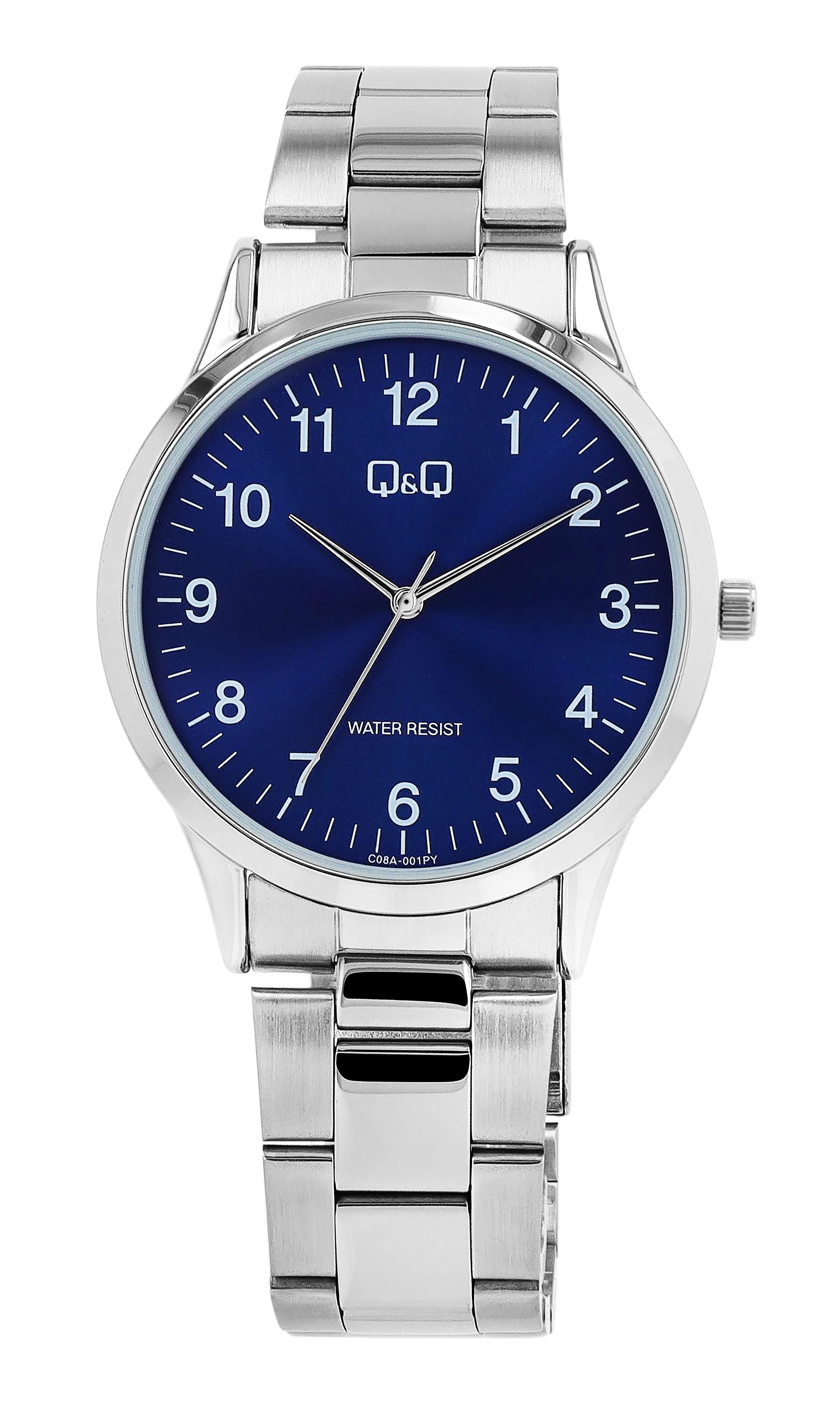 Q&Q Herrenuhr, Gliederarmband, Edelstahl, silberfarben/blau, 3 ATM, Ø 40 mm