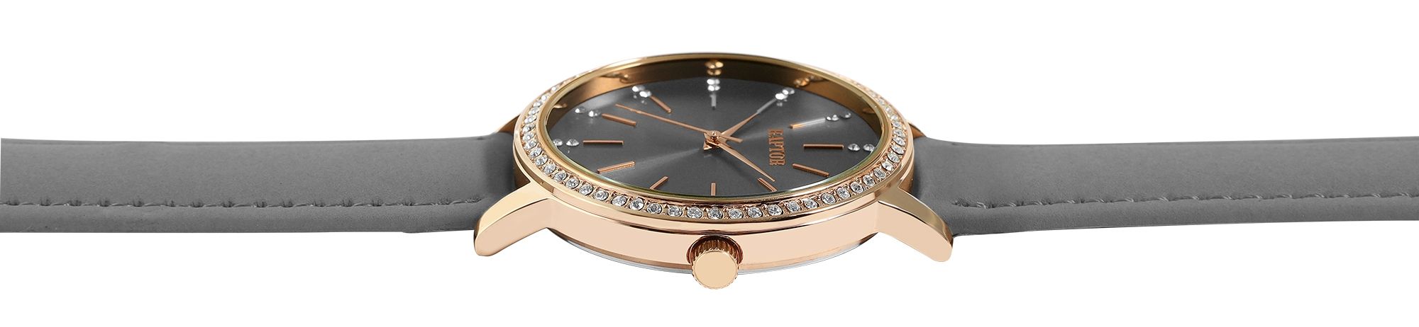 Raptor Damenarmbanduhr "Brilliance" mit Echtlederband, grau/roségoldfarben