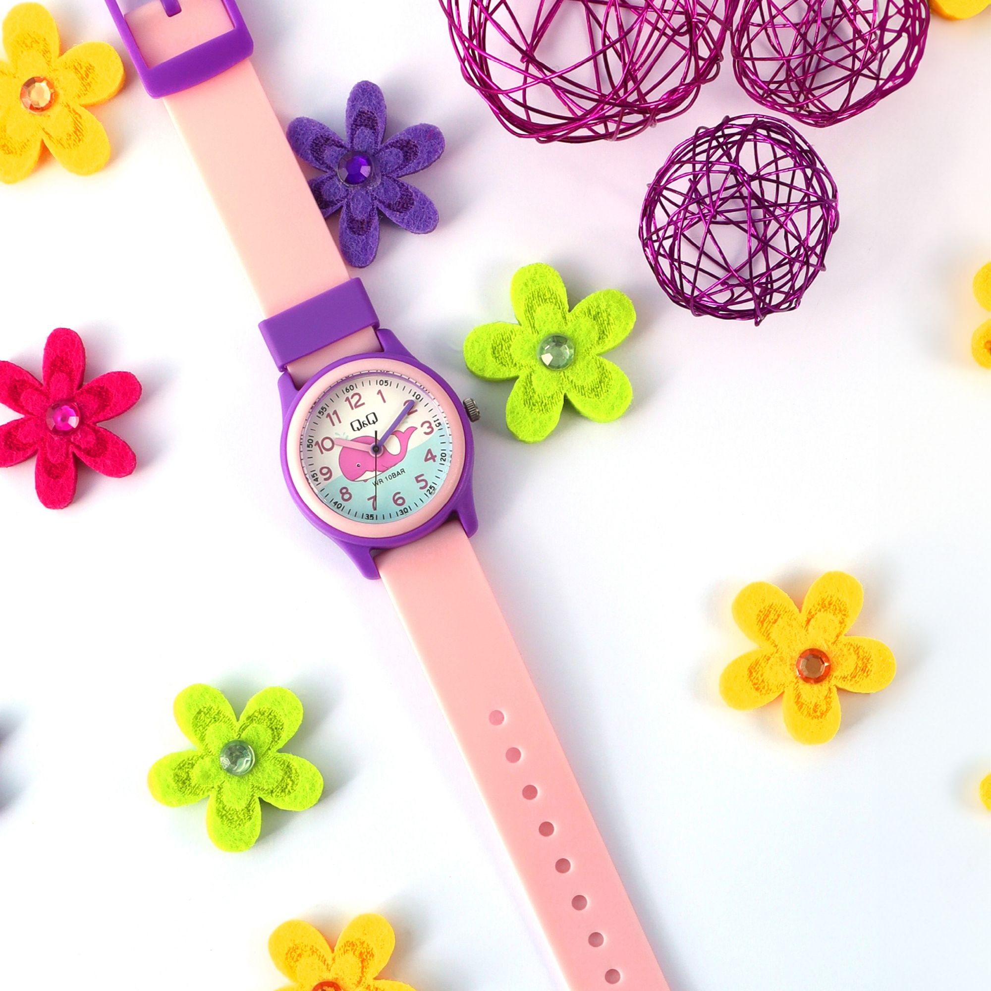 Q&Q Kinderuhr mit Silikonarmband, "Wal", 10 Bar, rosa