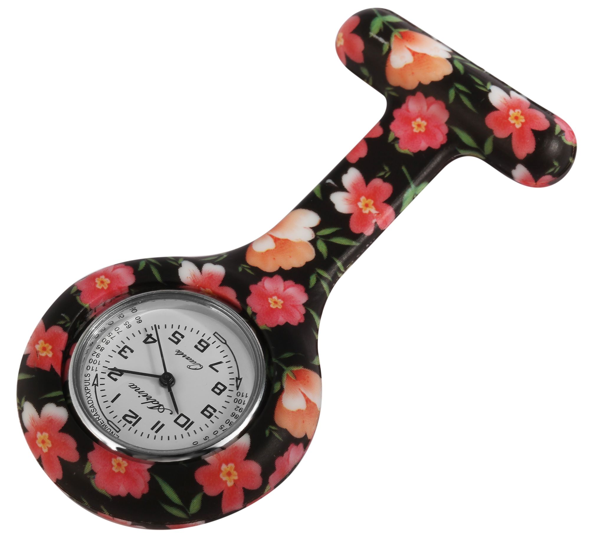 Adrina Krankenschwesteruhr aus Silikon mit Blumenmotiven, schwarz/ rot
