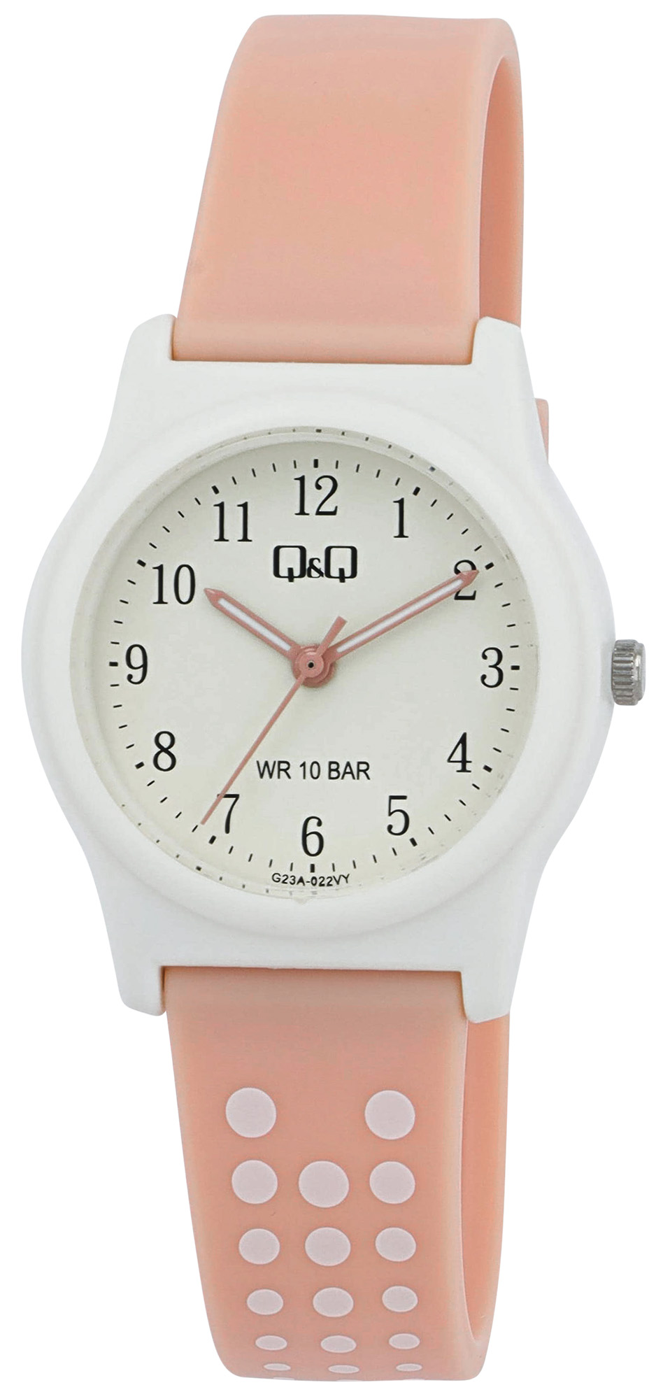 Q&Q Kinderuhr Ø 31 mm, Resinband, Peach (rosa)/ weiß - Punktemuster