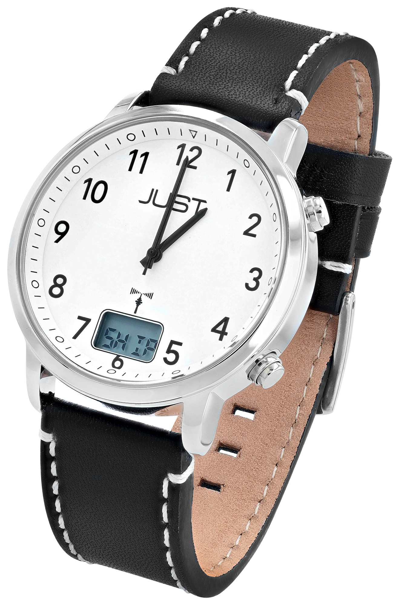 JUST Herren-Funkuhr "Vita Visio" Ø 40 mm (weißes Zifferblatt & Arabische Ziffern), Echtlederband
