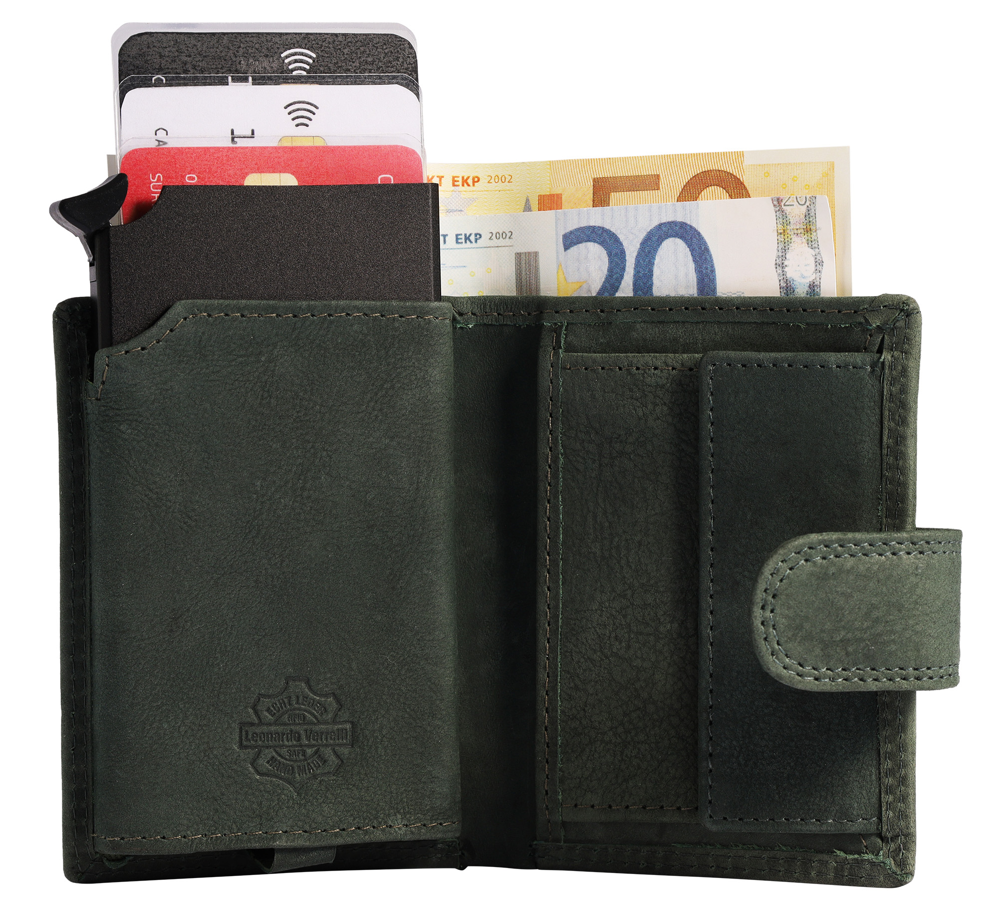 Leonardo Verrelli Echtleder (vintage) Geldbörse mit Pop-up-Kartenhalter, RFID, dunkelgrün