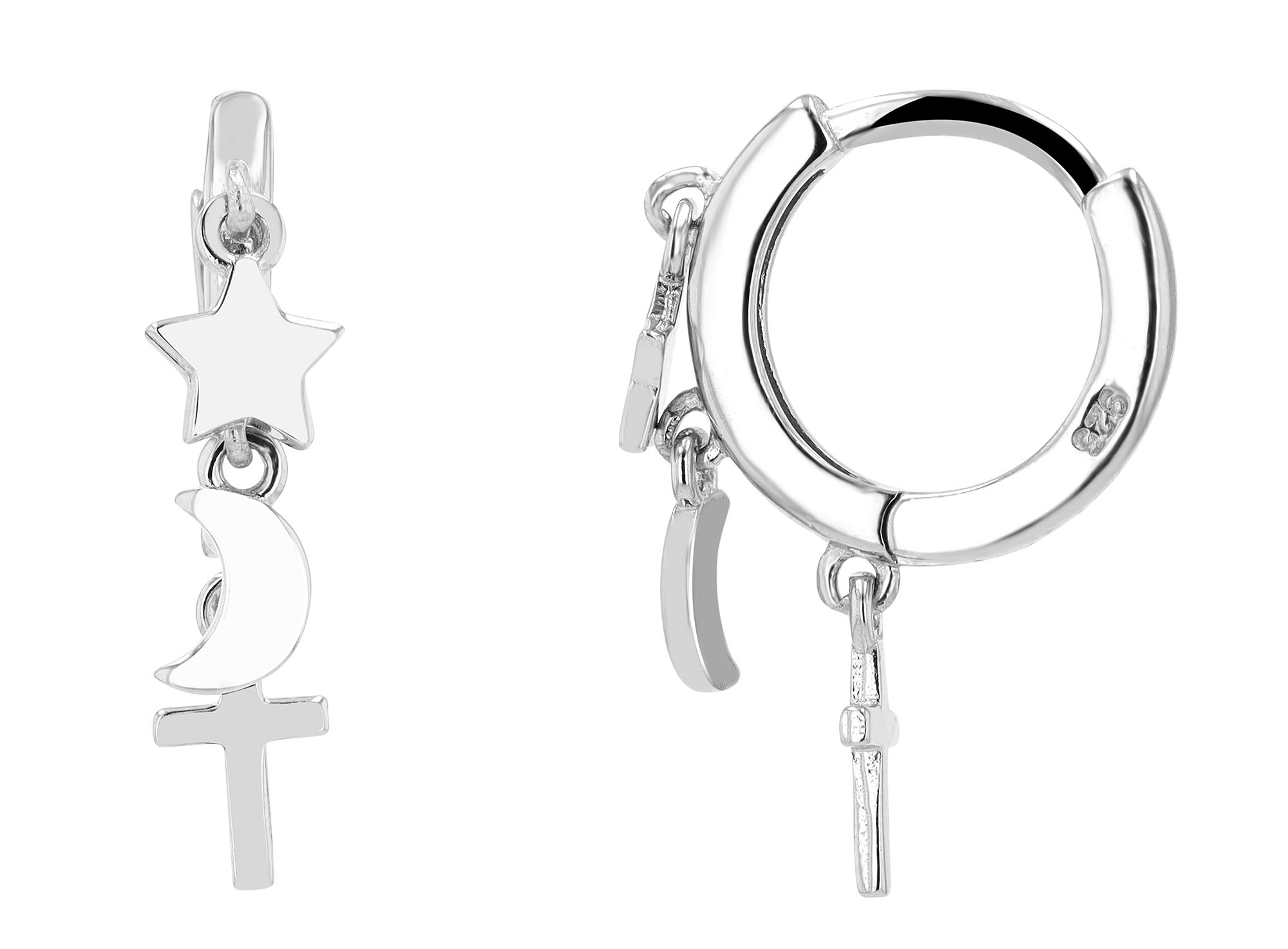 "Mignon - 925/- Echt Silber Creole (8 mm) mit Anhänger - Stern/ Mond/ Kreuz, rhodiniert