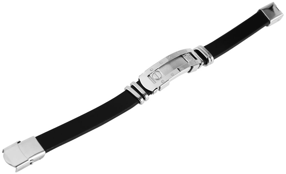 "Akun", Echlederarmband mit Gravurplatte, 22 cm, schwarz/silberfarben