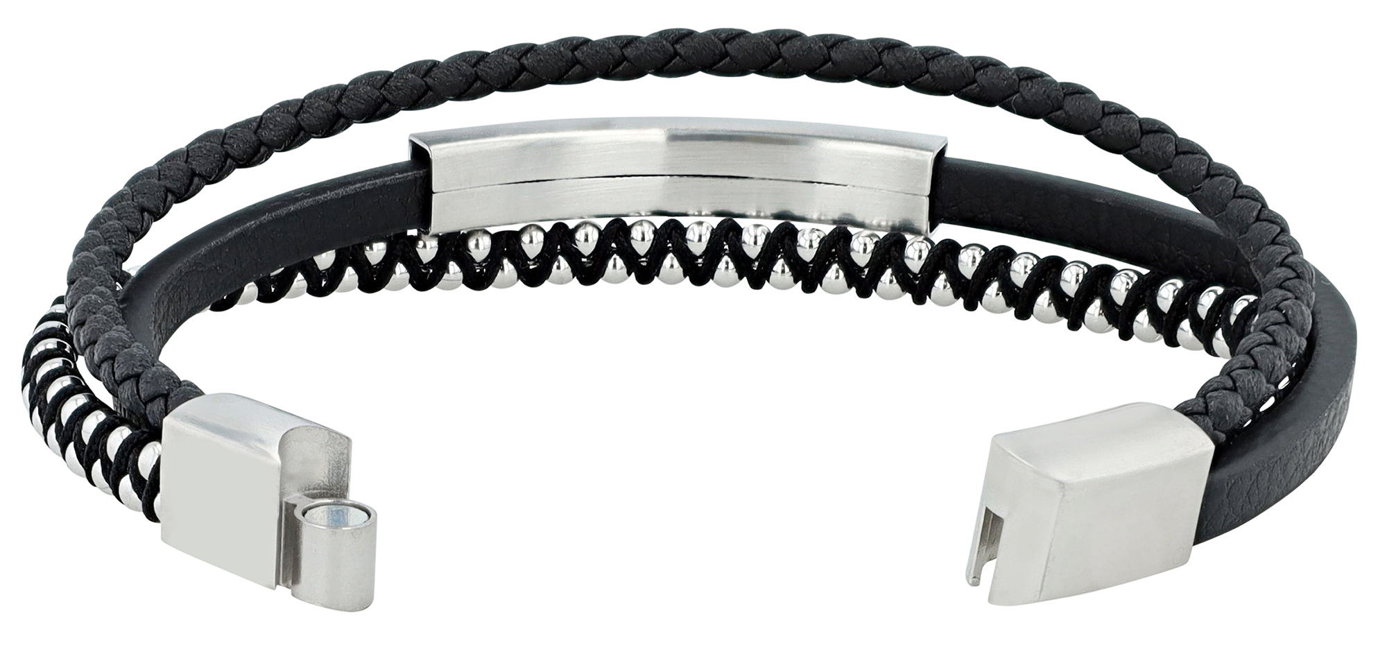 Akzent Armband mit Gravurplatte aus Echtleder und Edelstahl, schwarz/silberfarben