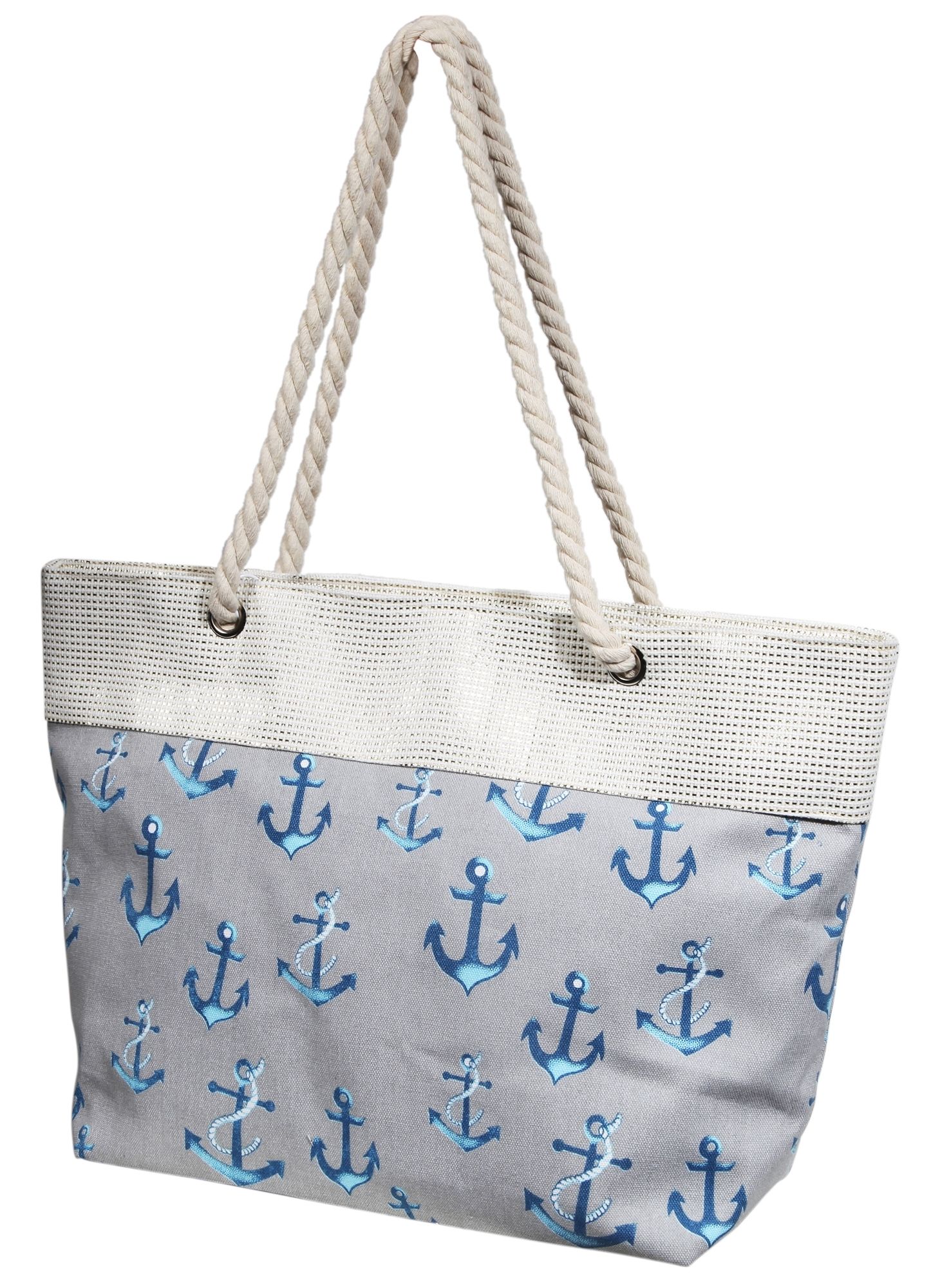 Strandtasche aus Textil mit Ankermotiven in Grau