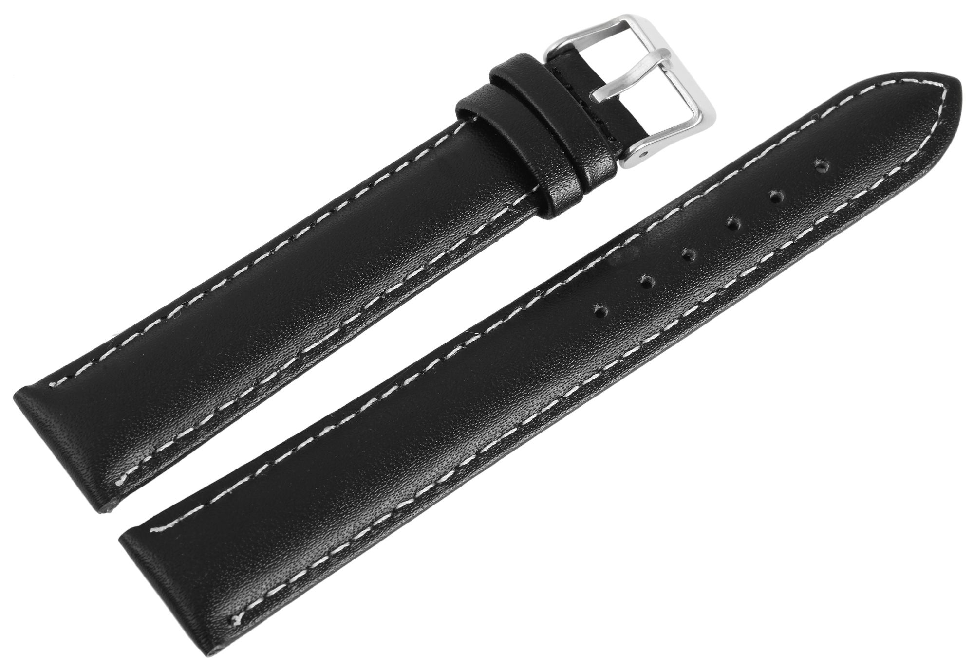 Echtleder-Uhrenarmband, Edelstahl Dornschließe, schwarz mit weißer Naht, 12 mm