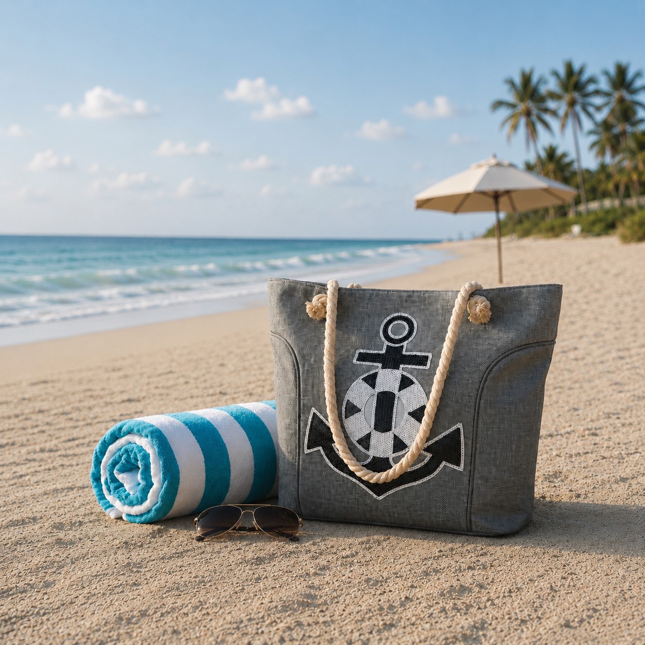 Strandtasche aus Nylon, Ankermotiv aus Pailletten, grau