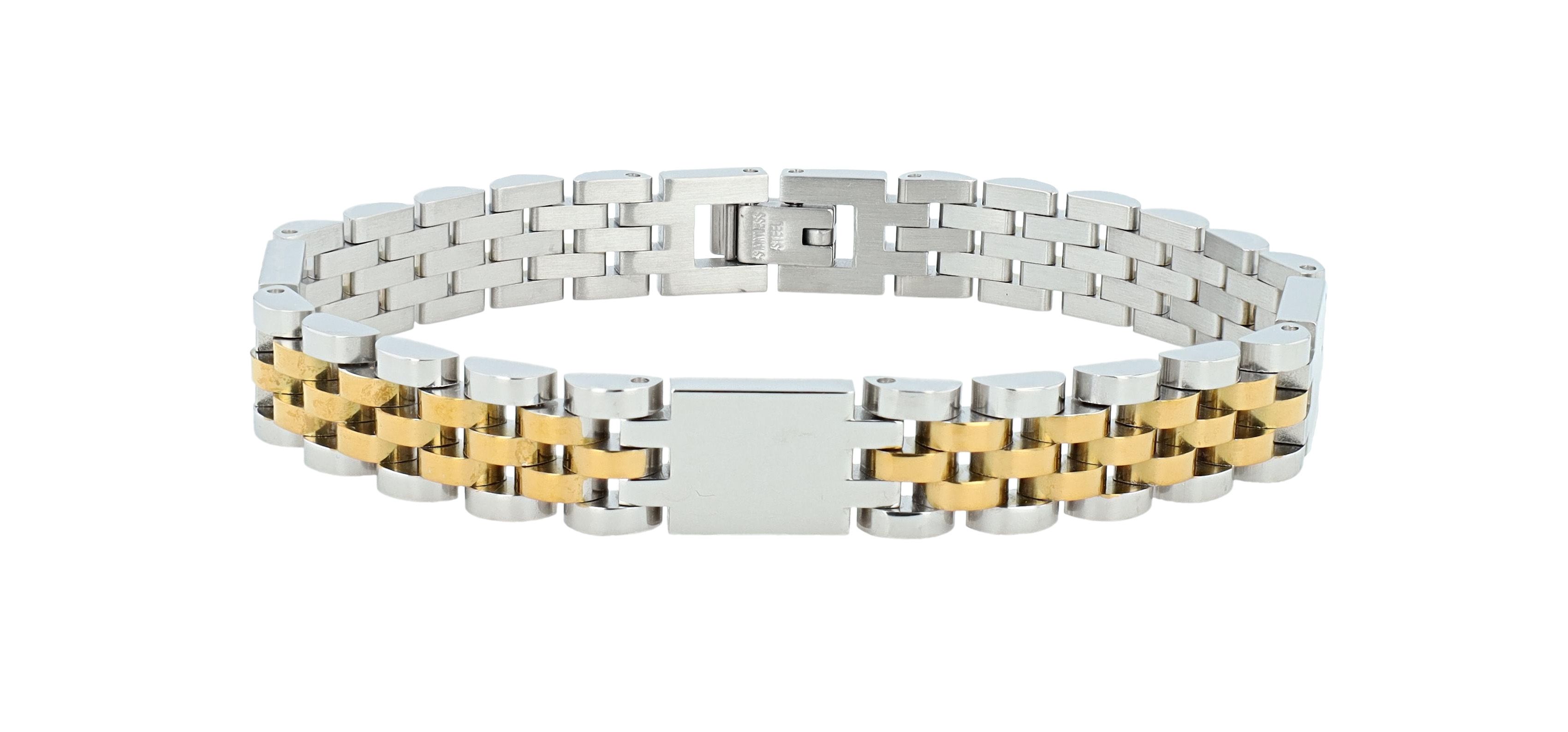 "Jareth" Edelstahl Gliederarmband, Gravurelemente, 21 cm, bicolor