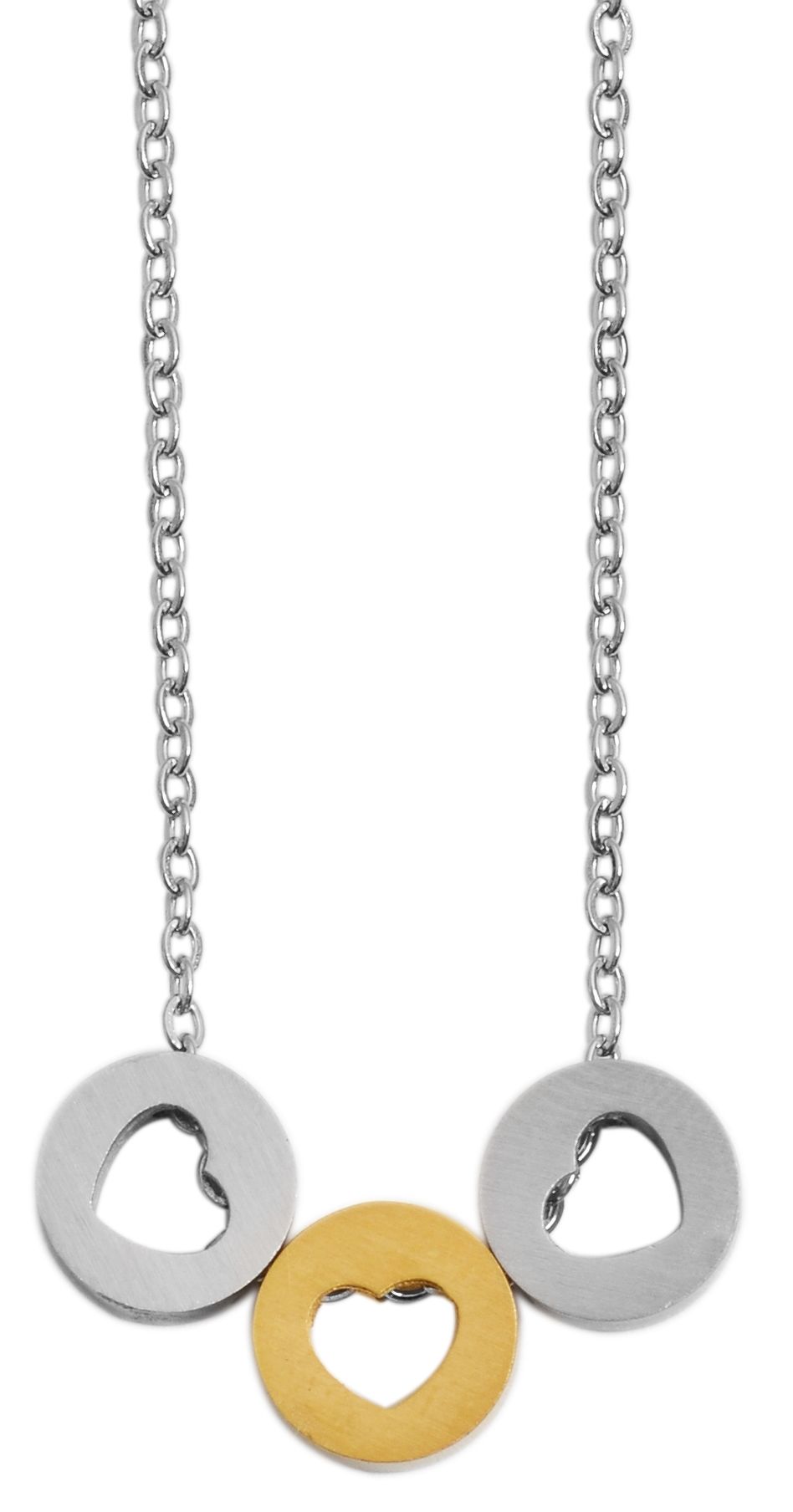 Akzent Edelstahl Schmuckset Kette + Ohrstecker, Kreis/ Herz, matt, silber-& goldfarbig