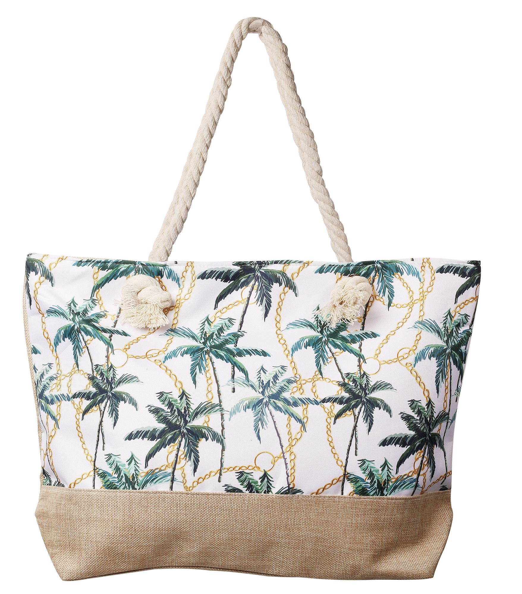 Strandtasche mit maritimen Motiven, weiß mit grünen Palmen