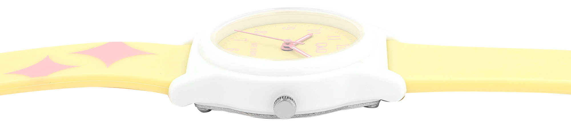 Q&Q Kinderuhr Ø 31 mm, Resinband, gelb/ weiß - Rauten-Muste