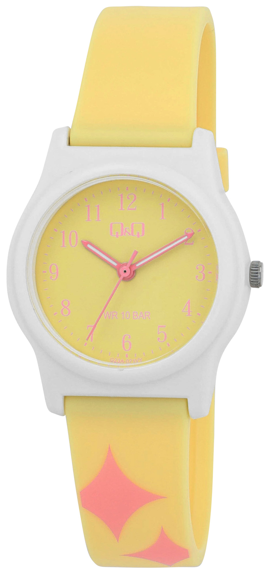 Q&Q Kinderuhr Ø 31 mm, Resinband, gelb/ weiß - Rauten-Muste
